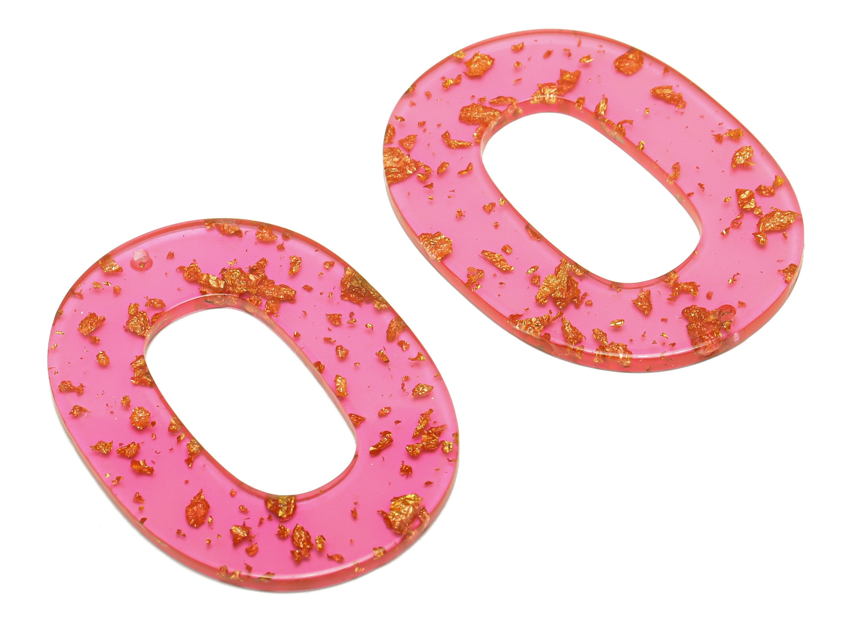 Acrylic Oval Charms - Oval Earrings and Pendant - Pink Transparent Gold Foil Charm - Color Code:A444 - 47x34x2mm - AC2618-A444 - DOMEDBAZAAR