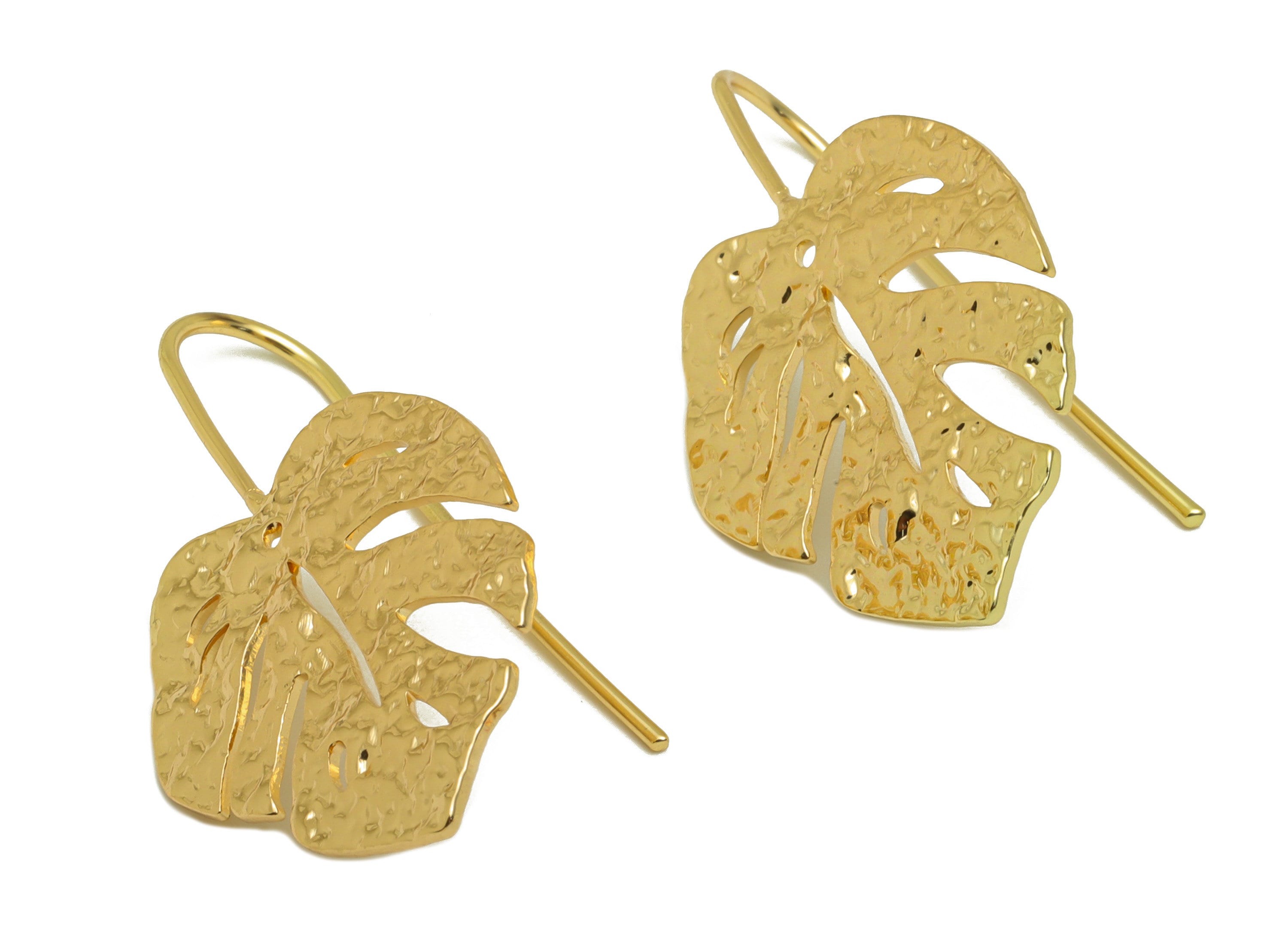 Brass Monstera Earring Wire - Hammered Leaf Earring Hook - Brass Botanical Ear Hooks - 18K Real Gold Plated - 38.17x20.88x1.45mm - RGP6720 - DOMEDBAZAAR