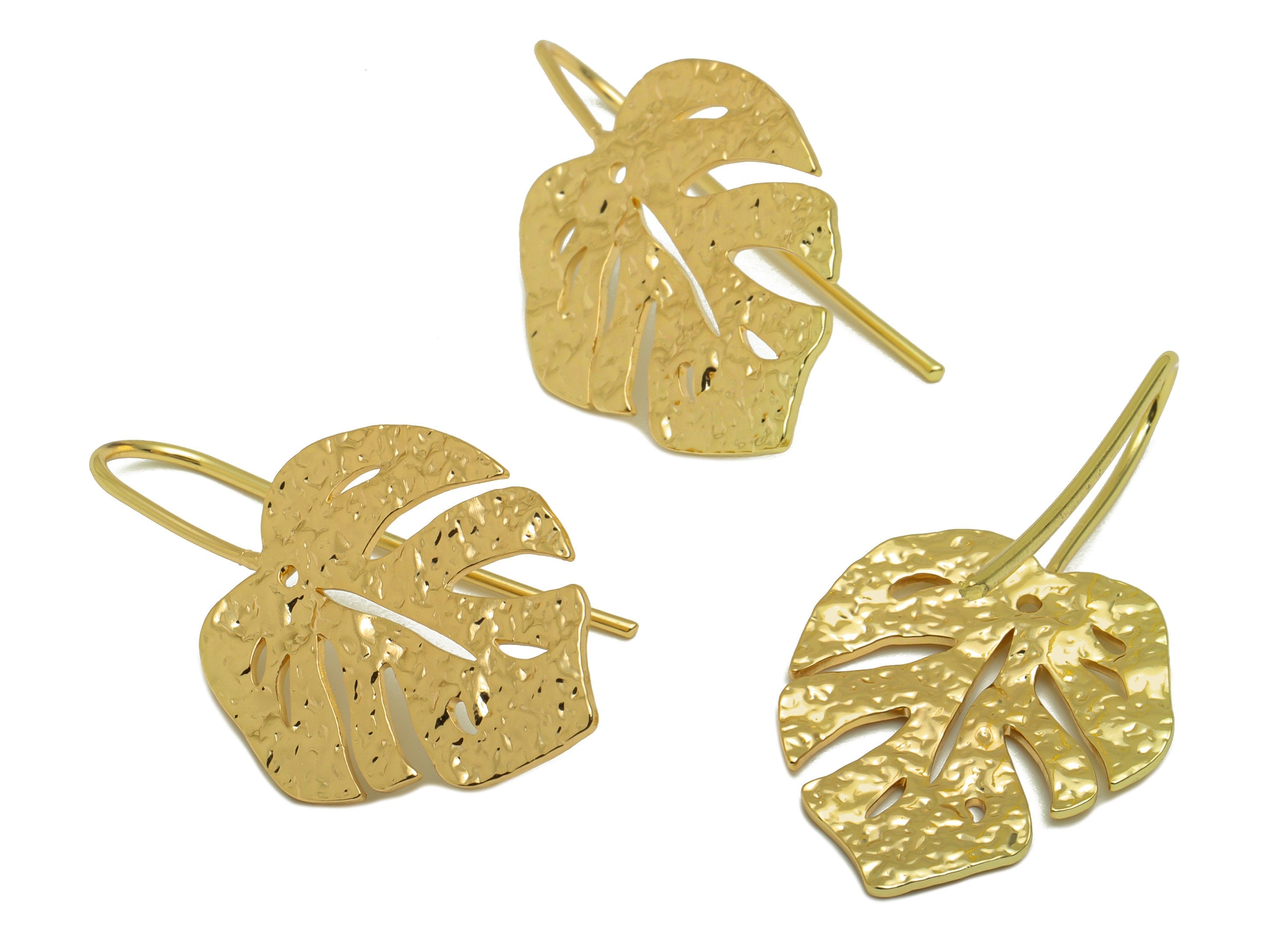 Brass Monstera Earring Wire - Hammered Leaf Earring Hook - Brass Botanical Ear Hooks - 18K Real Gold Plated - 38.17x20.88x1.45mm - RGP6720 - DOMEDBAZAAR