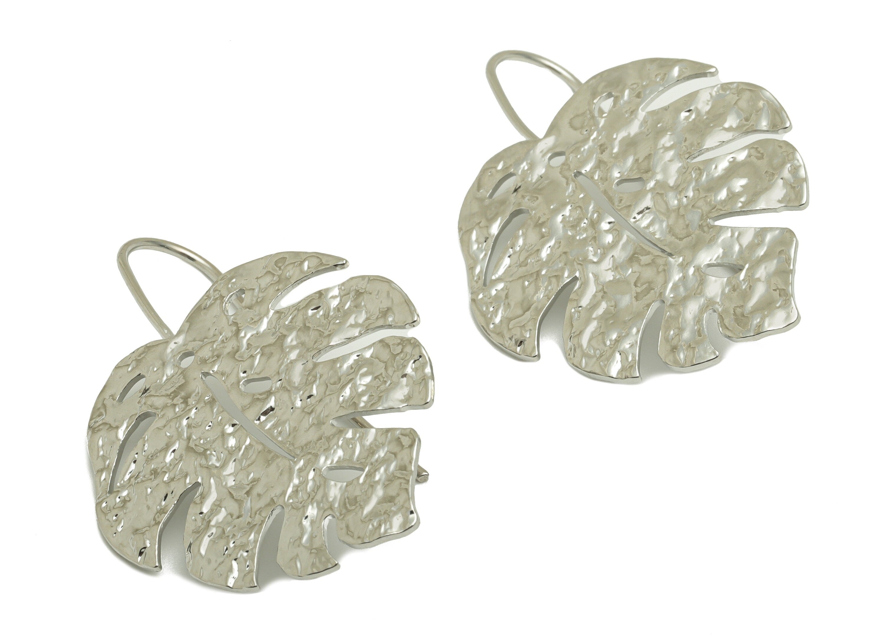 Brass Monstera Earring Wire - Hammered Leaf Earring Hook - Brass Botanical Ear Hooks - 18K Real White Gold - 42x 28.88x 1.42mm - RGP6719S - DOMEDBAZAAR