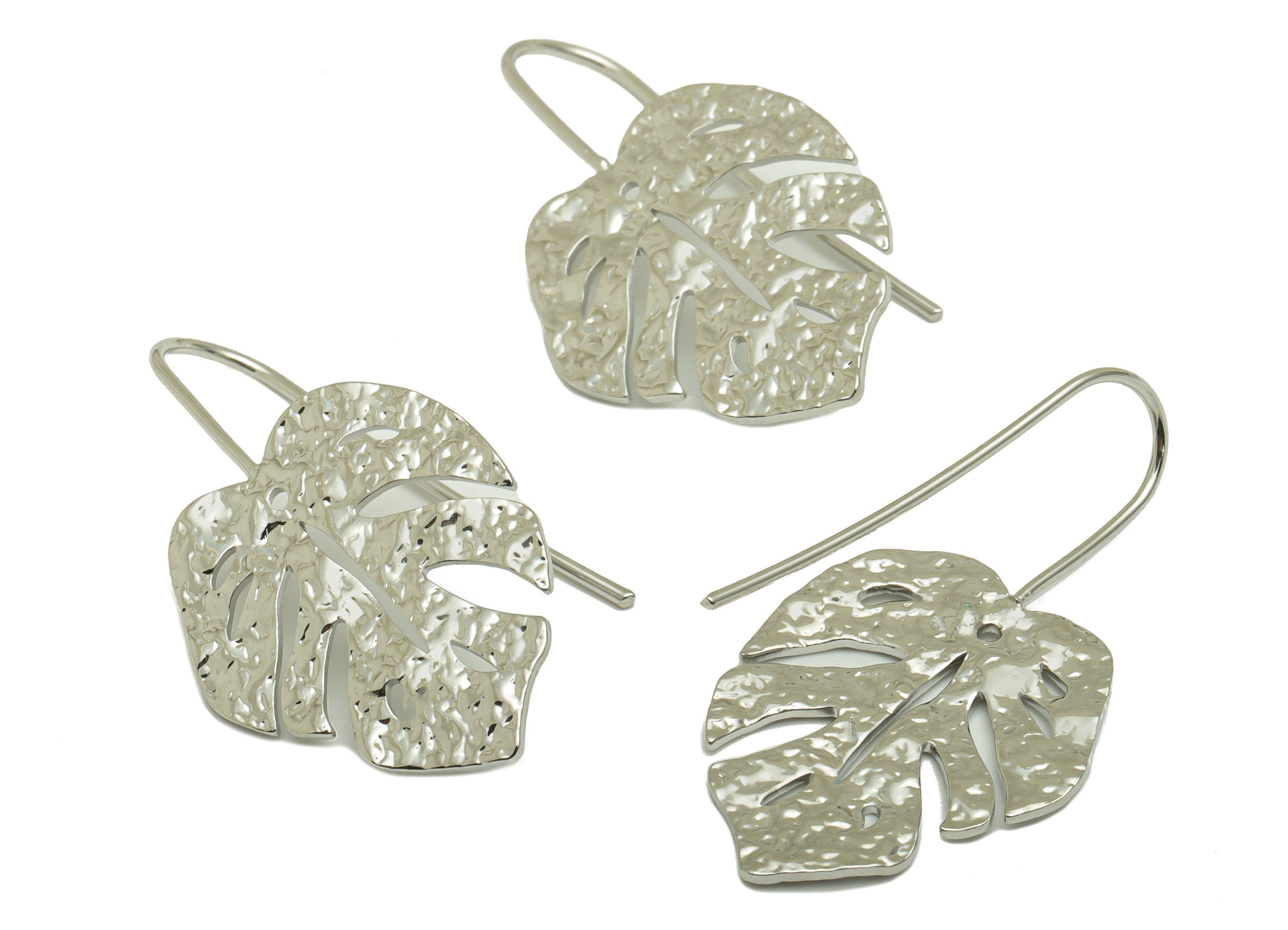 Brass Monstera Earring Wire - Hammered Leaf Earring Hook - Brass Botanical Ear Hooks - 18K Real White Gold - 38.17x20.88x1.45mm - RGP6720S - DOMEDBAZAAR