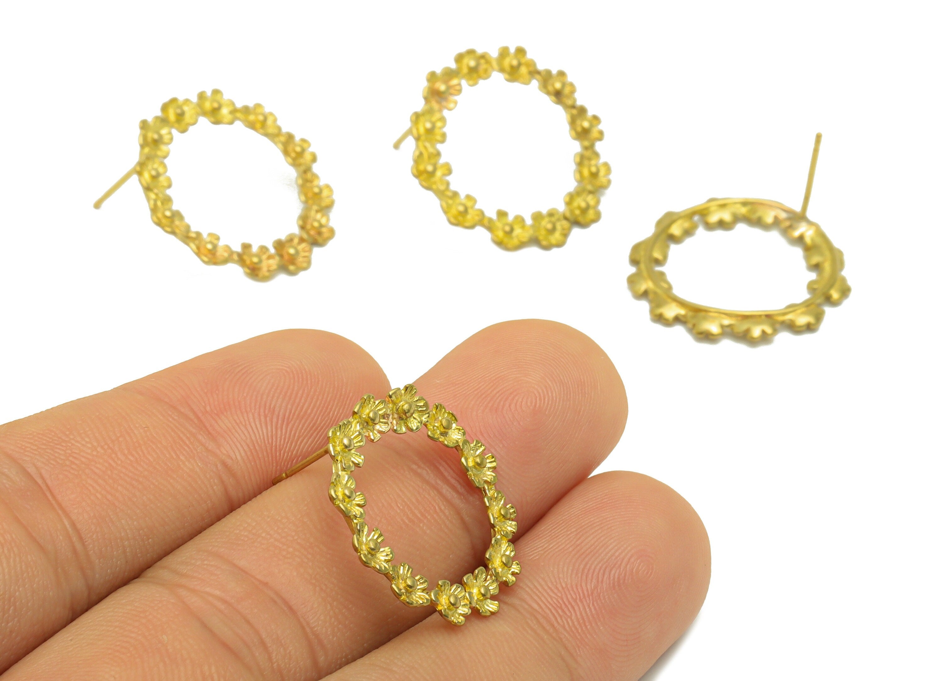 Brass Flower Earring Stud - Brass Wreath Earring Post - Botanical Earring Post -Flower Hoop Earring -Flower Ring -23x23x2mm- PP8619 - DOMEDBAZAAR