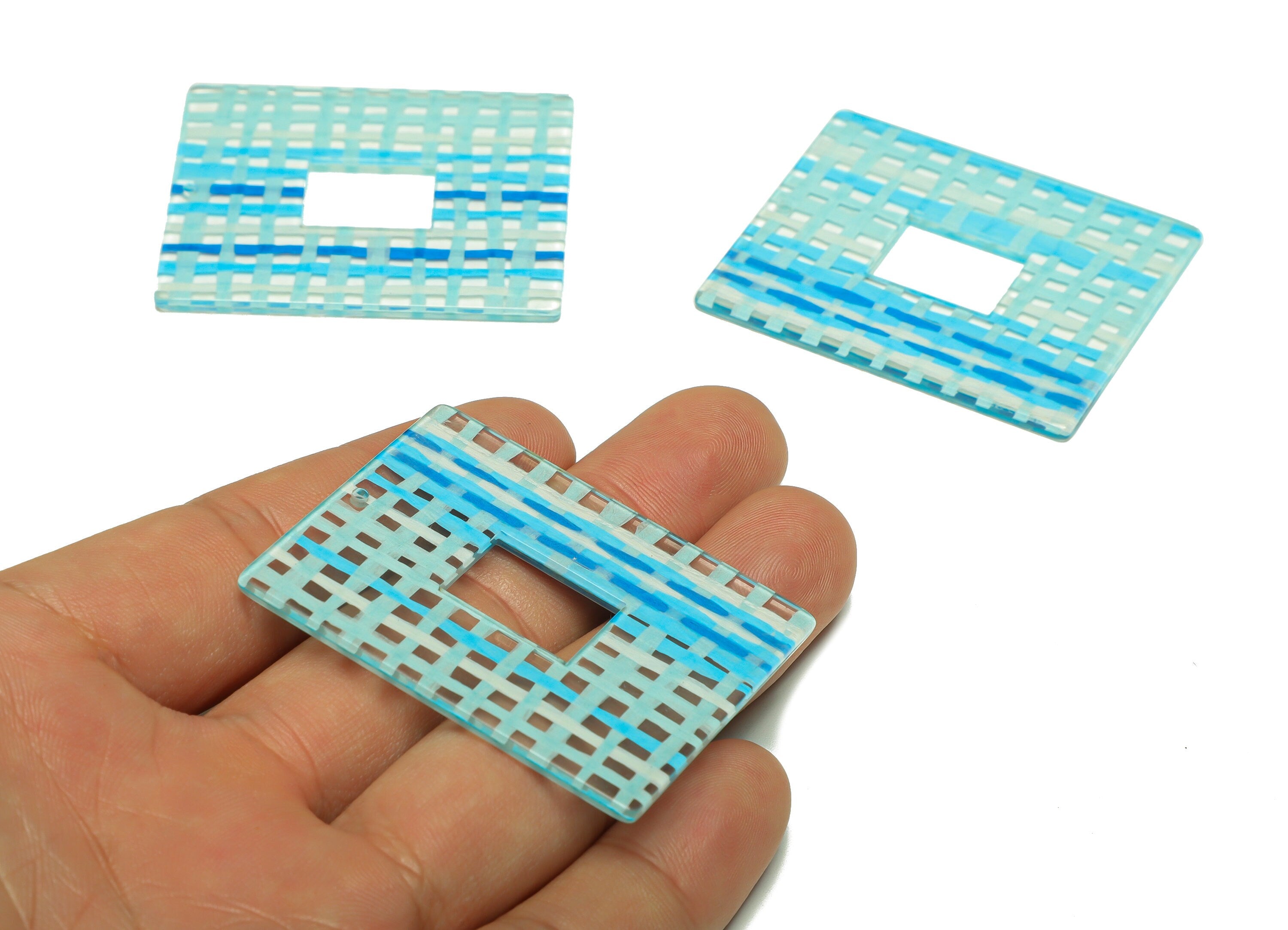 Acrylic Rectangle Charm - Acrylic Blue Weave Pendant - Scotch ploid Rectangle Earring Charm - Code: A540 - 44.14x34.7x2.44mm - AC2614-A540 - DOMEDBAZAAR