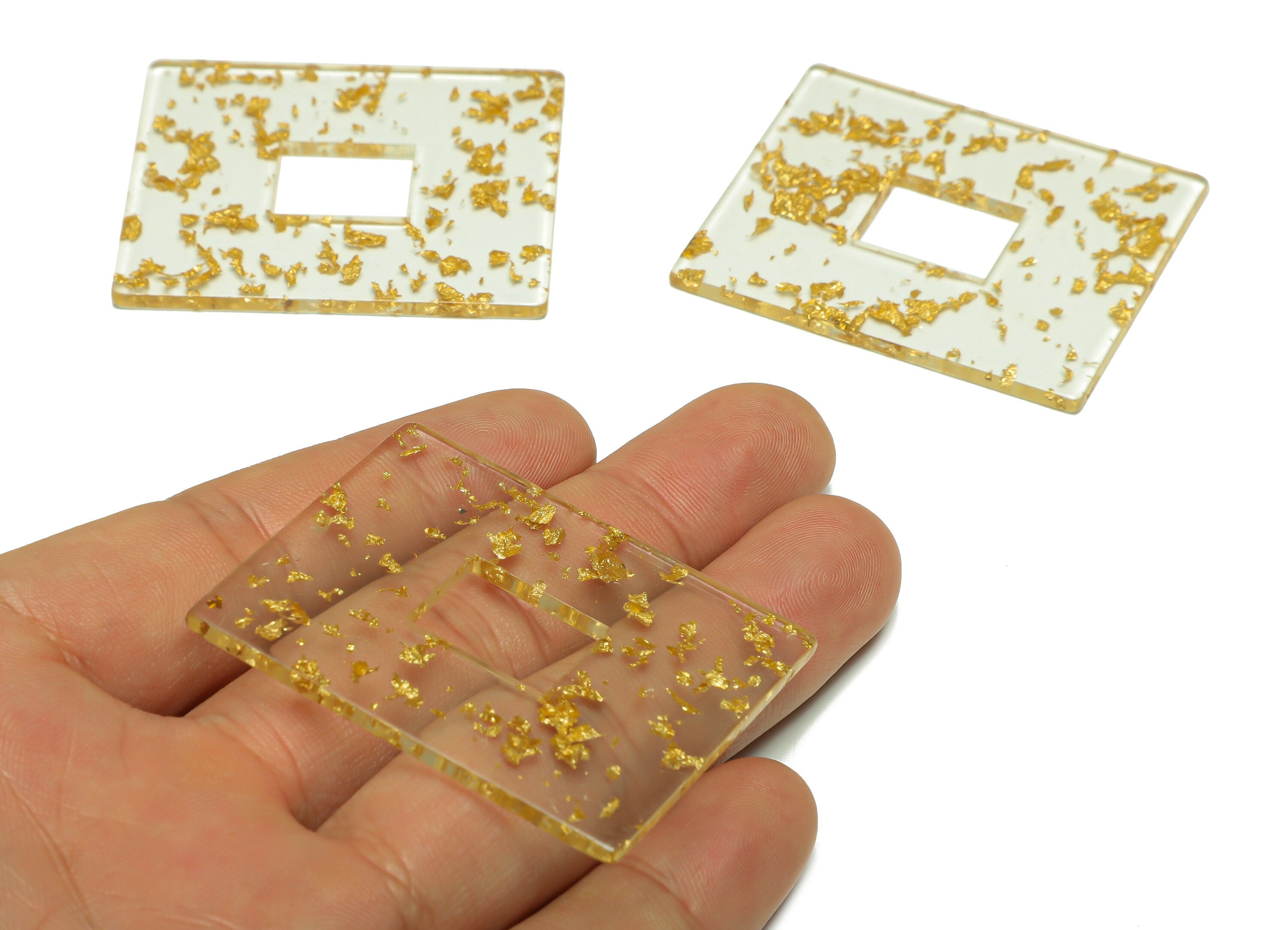 Acrylic Rectangle Charm - Gold Foil & Confetti Pendant - Acrylic Earring Charm - Jewelry Making - Code: A587 - 49x39.68x2.41mm - AC2614-A587 - DOMEDBAZAAR