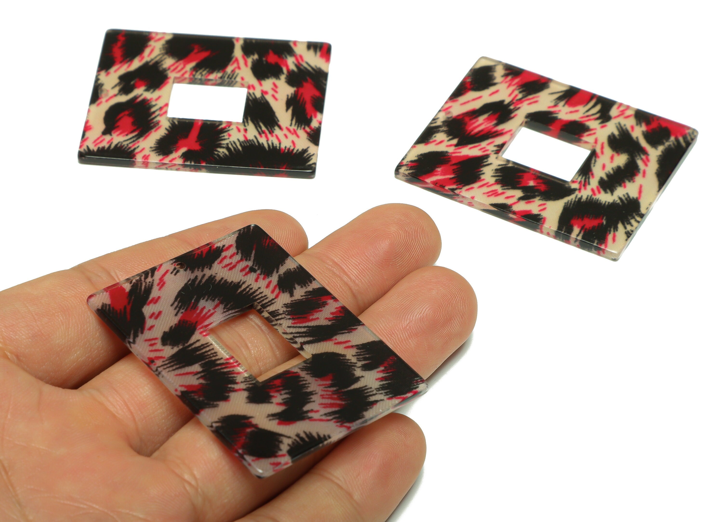 Acrylic Rectangle Charm - Pink Leopard print Pendant - Acrylic Earring Charm - Jewelry Making - Code: A932 - 48.39x38.98x2.1mm - AC2614-A932 - DOMEDBAZAAR