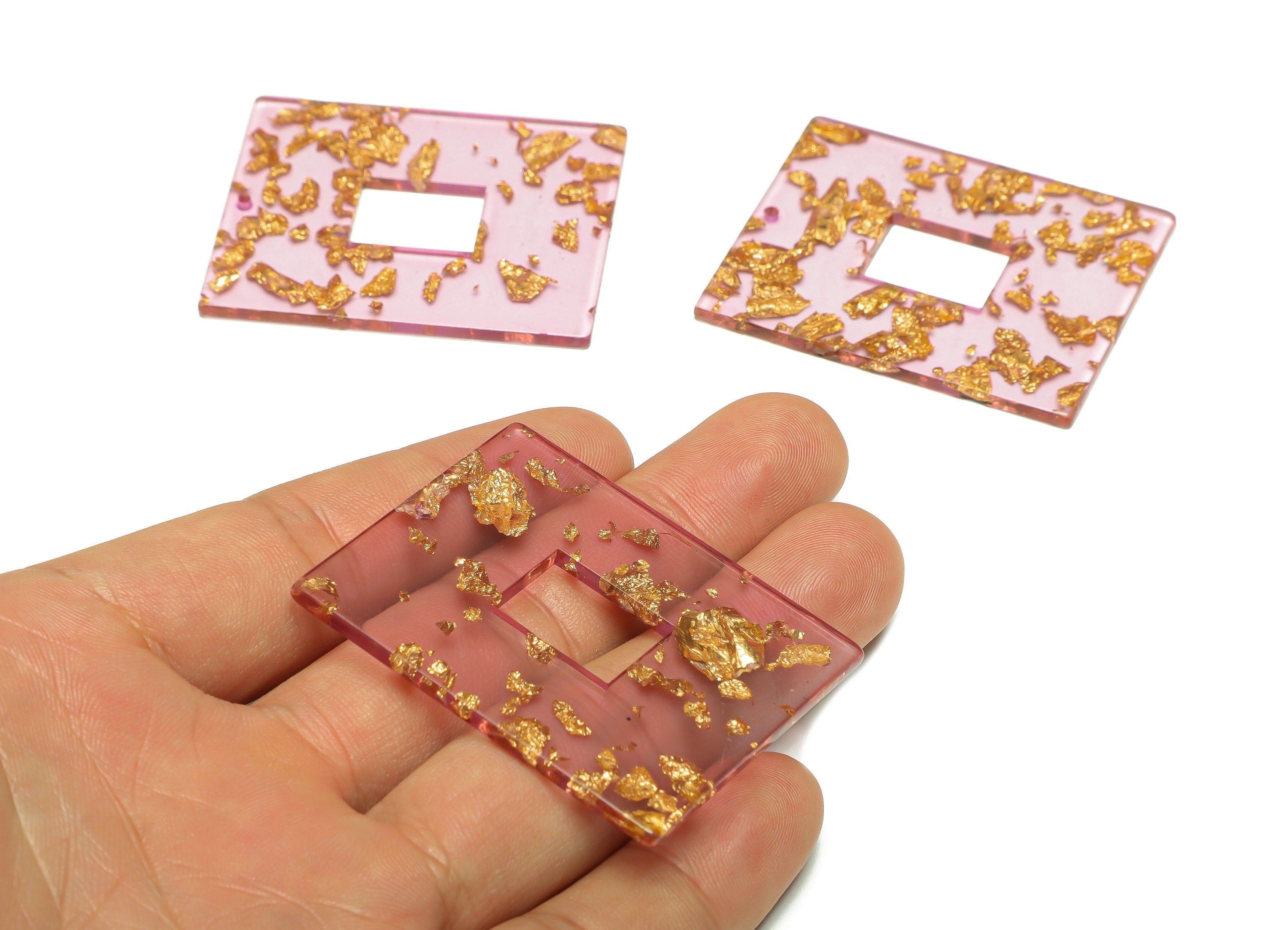 Acrylic Rectangle Charm - Gold Foil Pendant - Acrylic Pink Earring Charm - Jewelry Making - Code: A293 - 49x40x2mm - AC2614-A293 - DOMEDBAZAAR