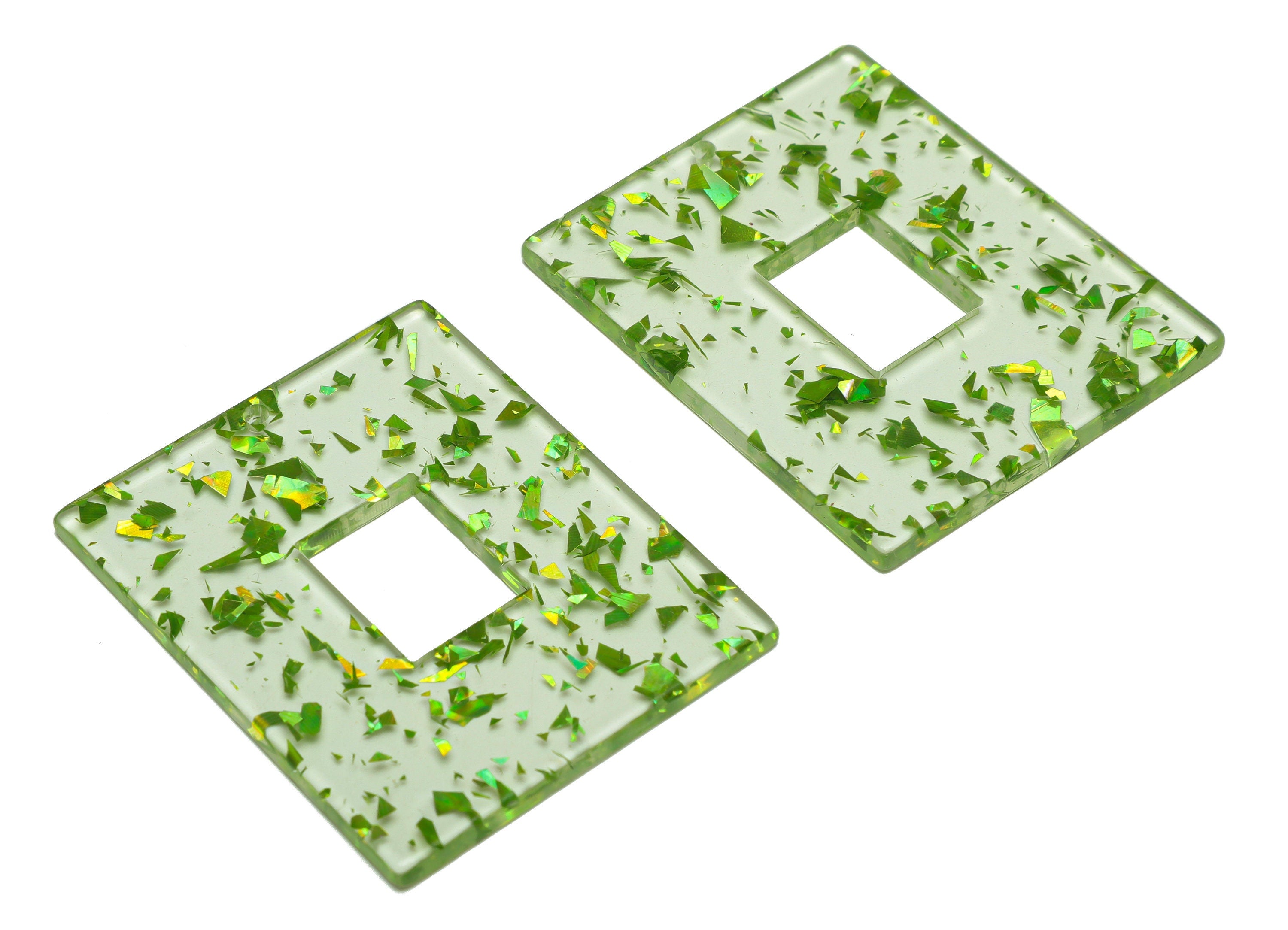 Acrylic Rectangle Charm - Green & Gold Confetti Pendant - Big Rectangle Earring Charm - Jewelry Making - Code: A547- 49x40x2mm - AC2614-A547 - DOMEDBAZAAR