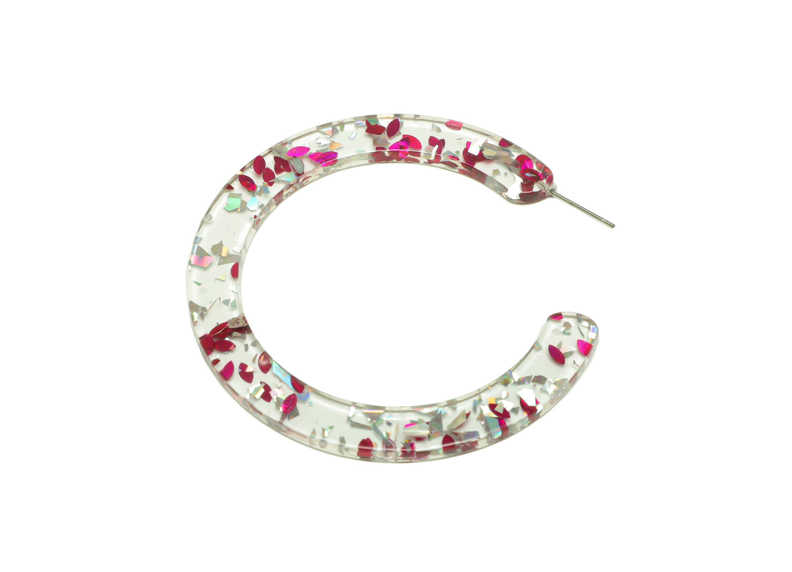 Acrylic Hoop Earrings Stud - Acrylic Open Hoop Earring - Silver Pink Foil Transparent Earring Hoop - Color Code:438- 61x60x2mm - AC2615-A438 - DOMEDBAZAAR