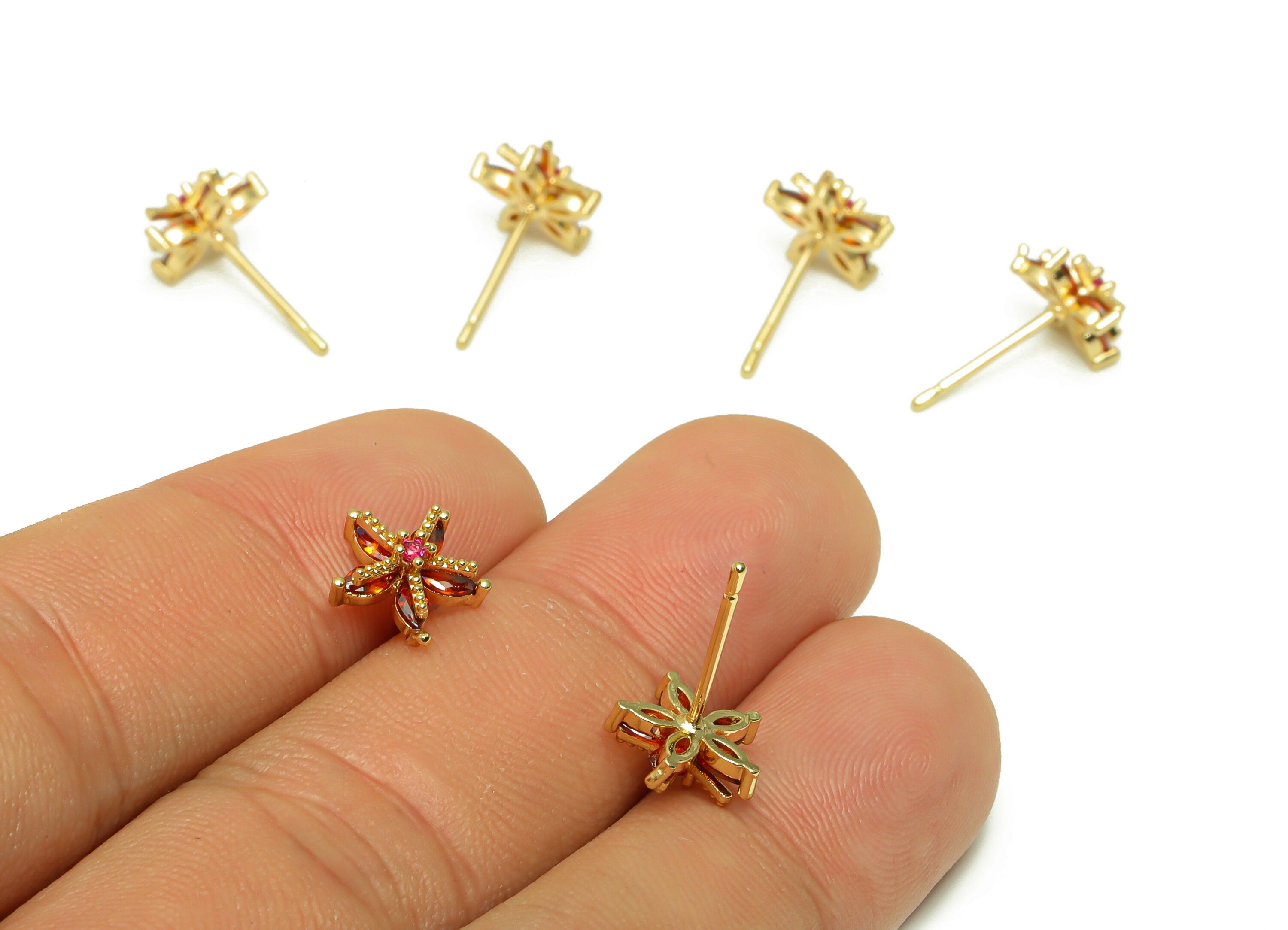 Brass Flower Earring Stud - Red Cubic Zirconia Earring Post - Brass Botanical Earring Post - 18K Real Gold Plated - 9.5x9.5x4.55mm - RGP6730 - DOMEDBAZAAR