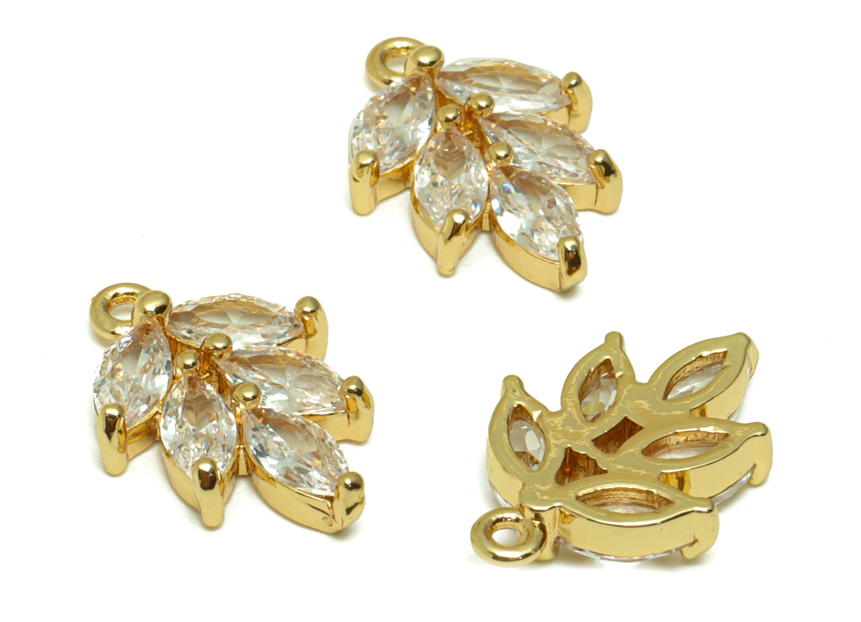Brass Leaf Earring Charms - Brass Branch Pendant - Cubic Zirconia Botanical Earring Findings - 18K Real Gold Plated - 16x11x3.05mm - RGP6728 - DOMEDBAZAAR