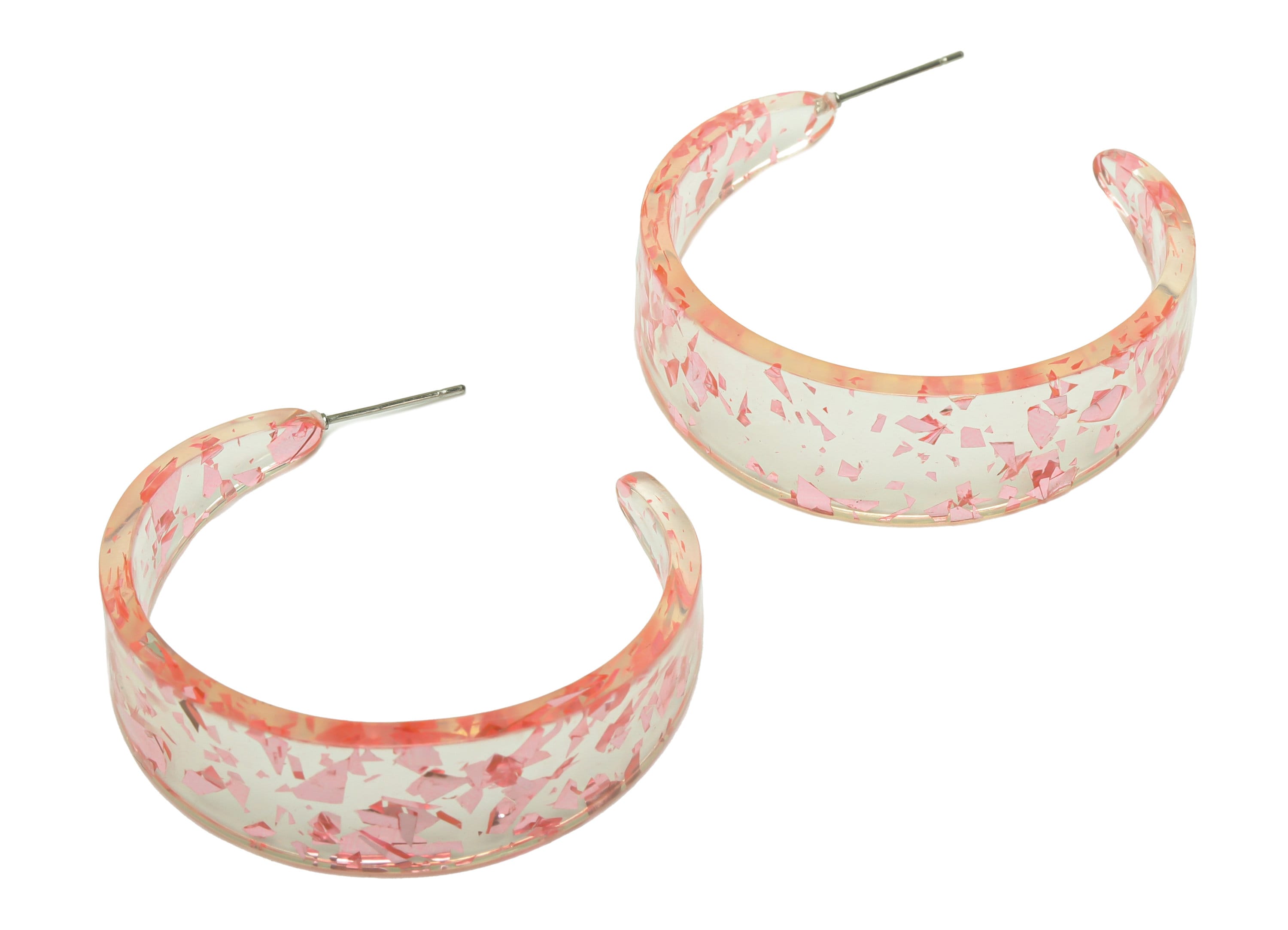 Acrylic Hoop Earrings Stud - Acrylic Wide Open Hoop Earring - Transparent Pink Foil & Confetti - Color Code:971- 43x43x3mm - AC2616-A971 - DOMEDBAZAAR
