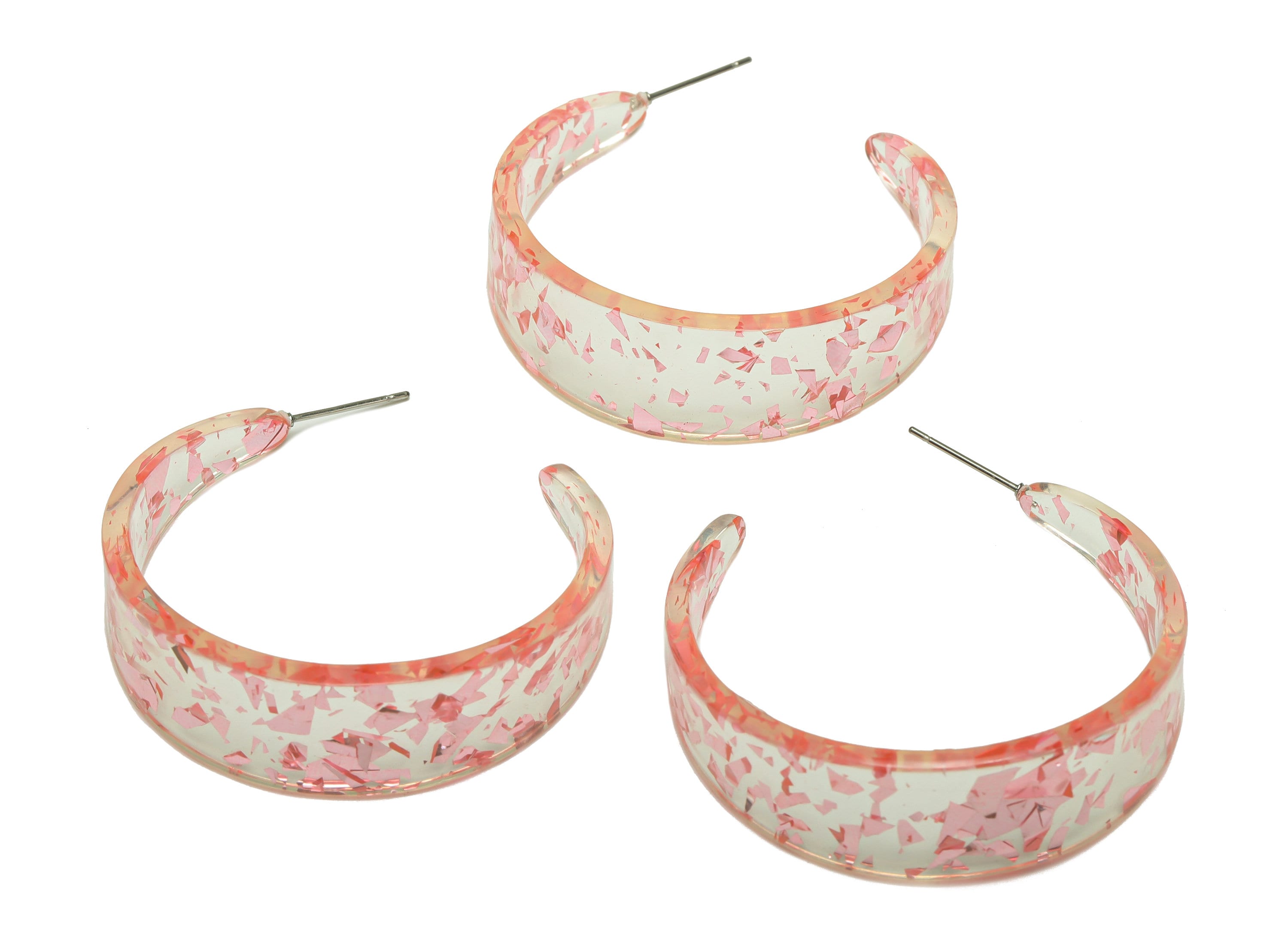 Acrylic Hoop Earrings Stud - Acrylic Wide Open Hoop Earring - Transparent Pink Foil & Confetti - Color Code:971- 43x43x3mm - AC2616-A971 - DOMEDBAZAAR