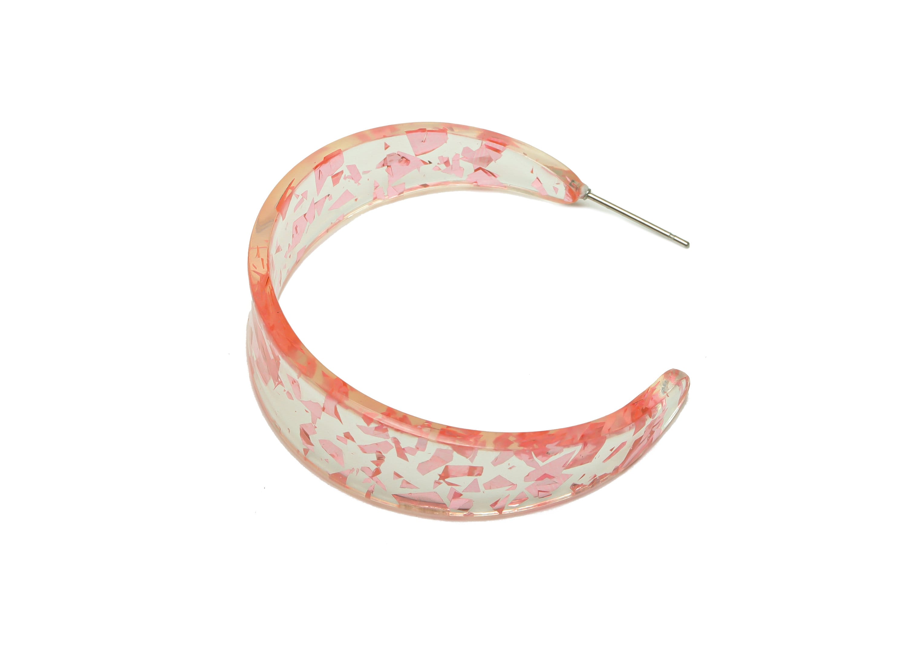 Acrylic Hoop Earrings Stud - Acrylic Wide Open Hoop Earring - Transparent Pink Foil & Confetti - Color Code:971- 43x43x3mm - AC2616-A971 - DOMEDBAZAAR