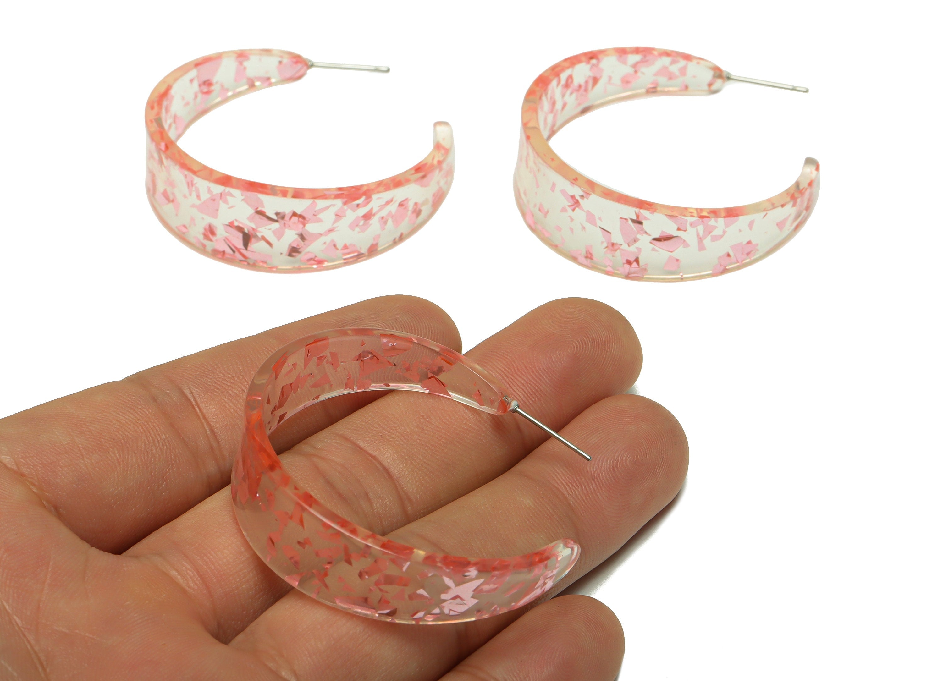 Acrylic Hoop Earrings Stud - Acrylic Wide Open Hoop Earring - Transparent Pink Foil & Confetti - Color Code:971- 43x43x3mm - AC2616-A971 - DOMEDBAZAAR