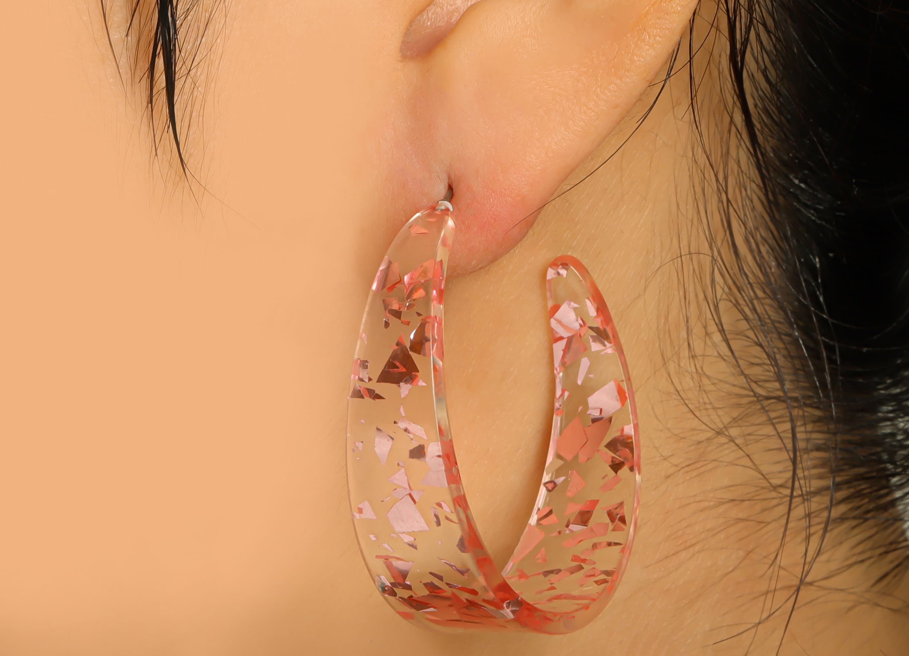 Acrylic Hoop Earrings Stud - Acrylic Wide Open Hoop Earring - Transparent Pink Foil & Confetti - Color Code:971- 43x43x3mm - AC2616-A971 - DOMEDBAZAAR