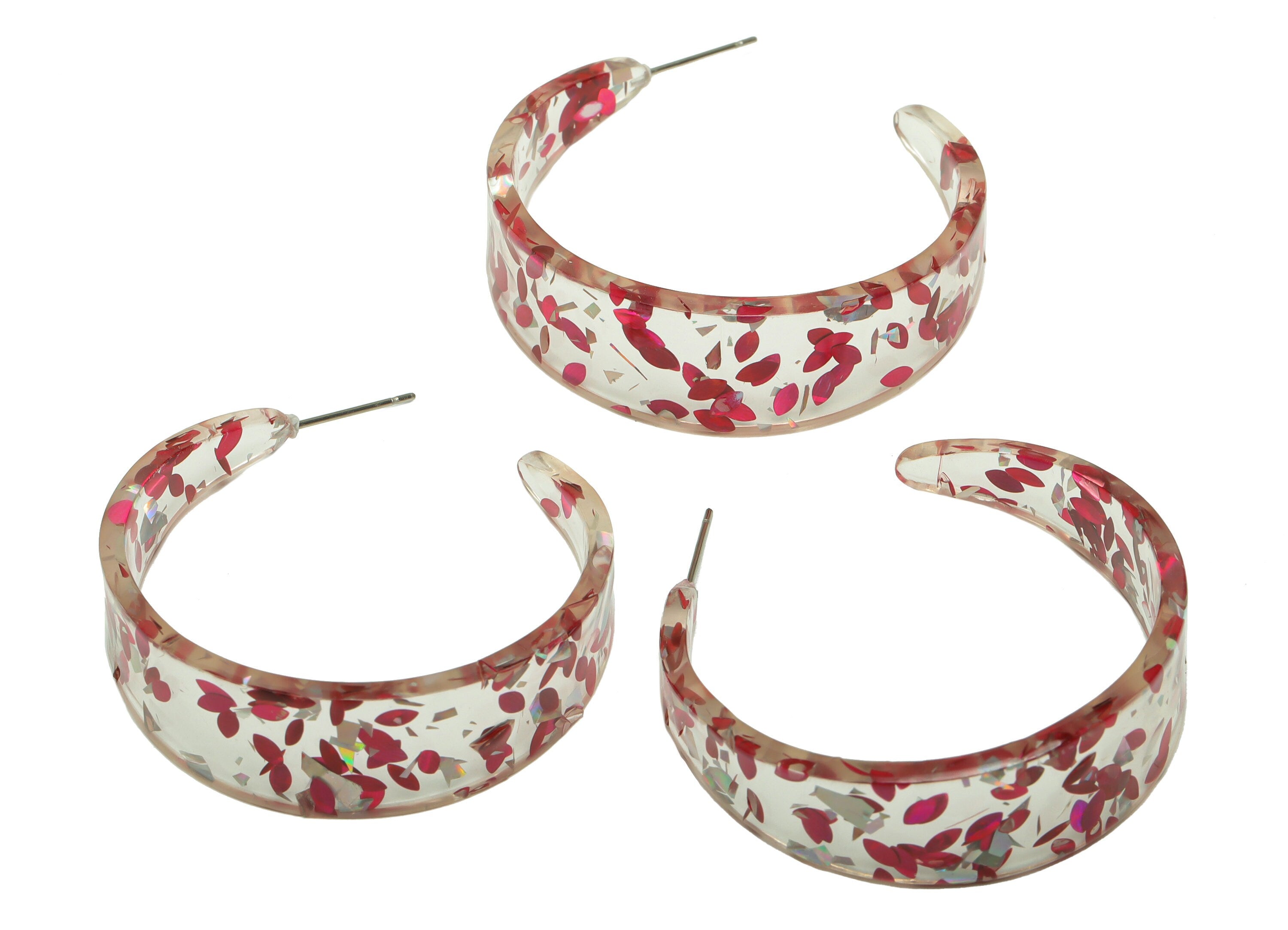 Acrylic Hoop Earrings Stud - Acrylic Wide Open Hoop Earring - Earring Post - Pink Foil & Confetti - Color Code:438- 43x43x3mm - AC2616-A438 - DOMEDBAZAAR