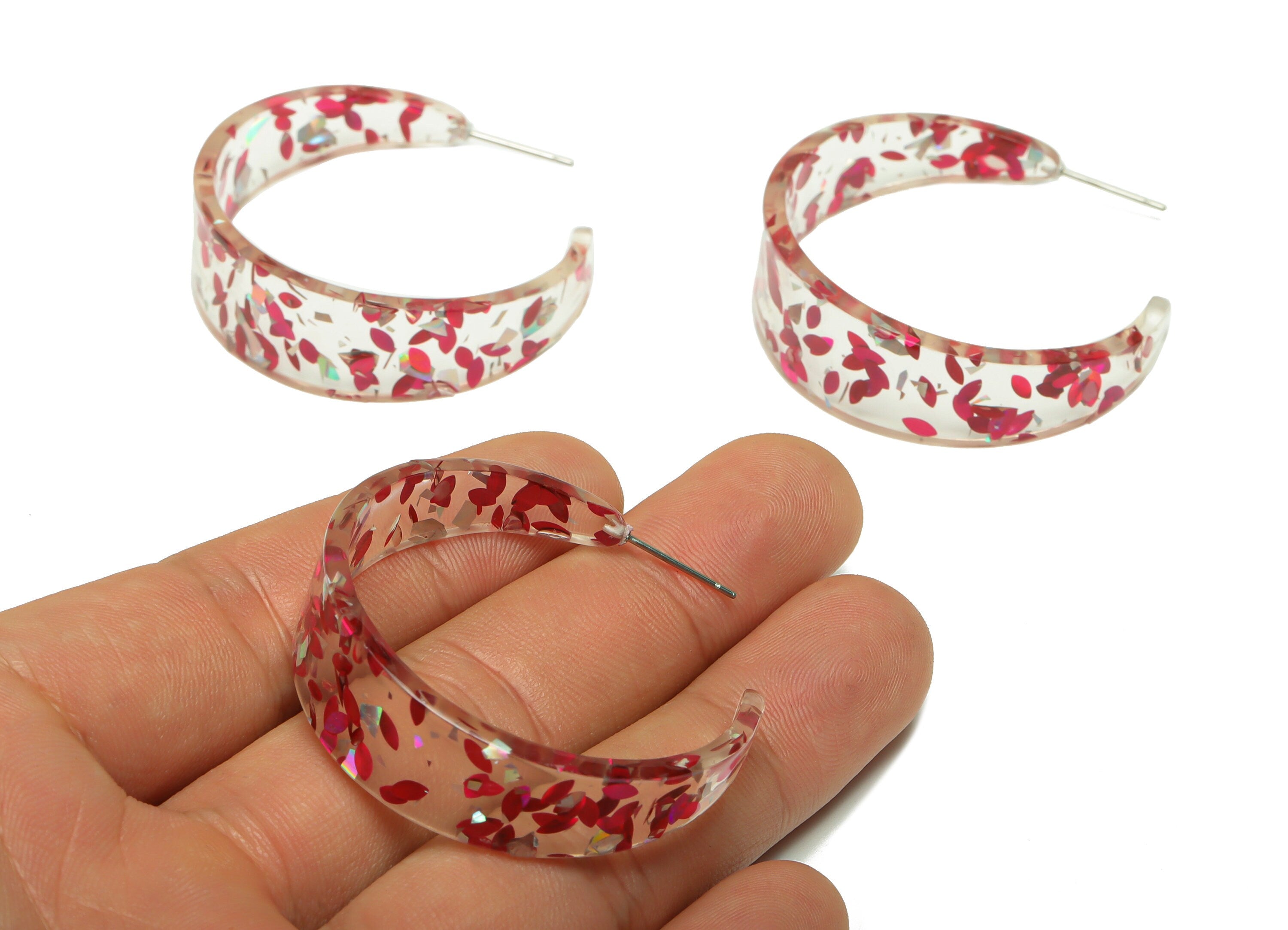 Acrylic Hoop Earrings Stud - Acrylic Wide Open Hoop Earring - Earring Post - Pink Foil & Confetti - Color Code:438- 43x43x3mm - AC2616-A438 - DOMEDBAZAAR