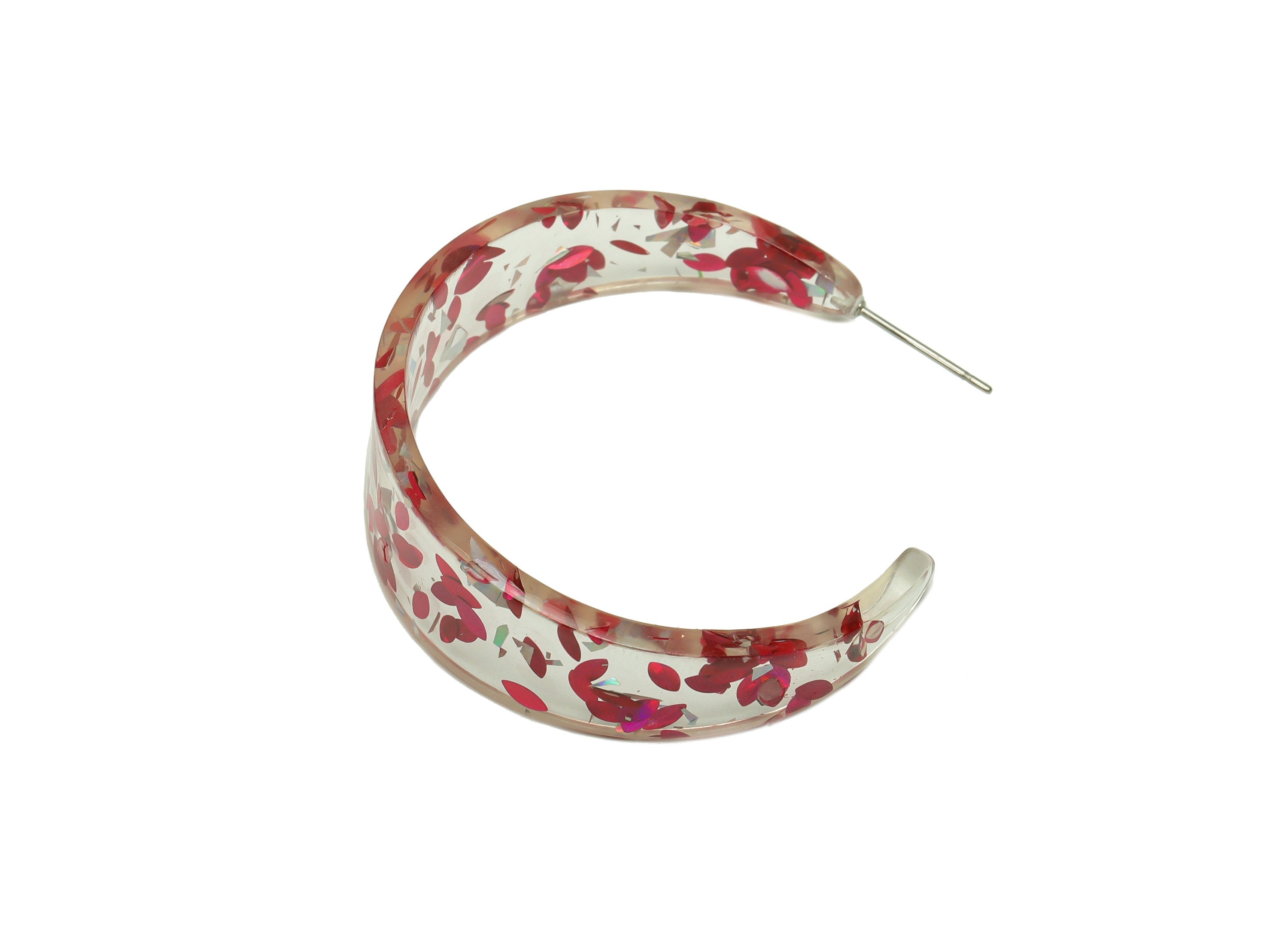 Acrylic Hoop Earrings Stud - Acrylic Wide Open Hoop Earring - Earring Post - Pink Foil & Confetti - Color Code:438- 43x43x3mm - AC2616-A438 - DOMEDBAZAAR