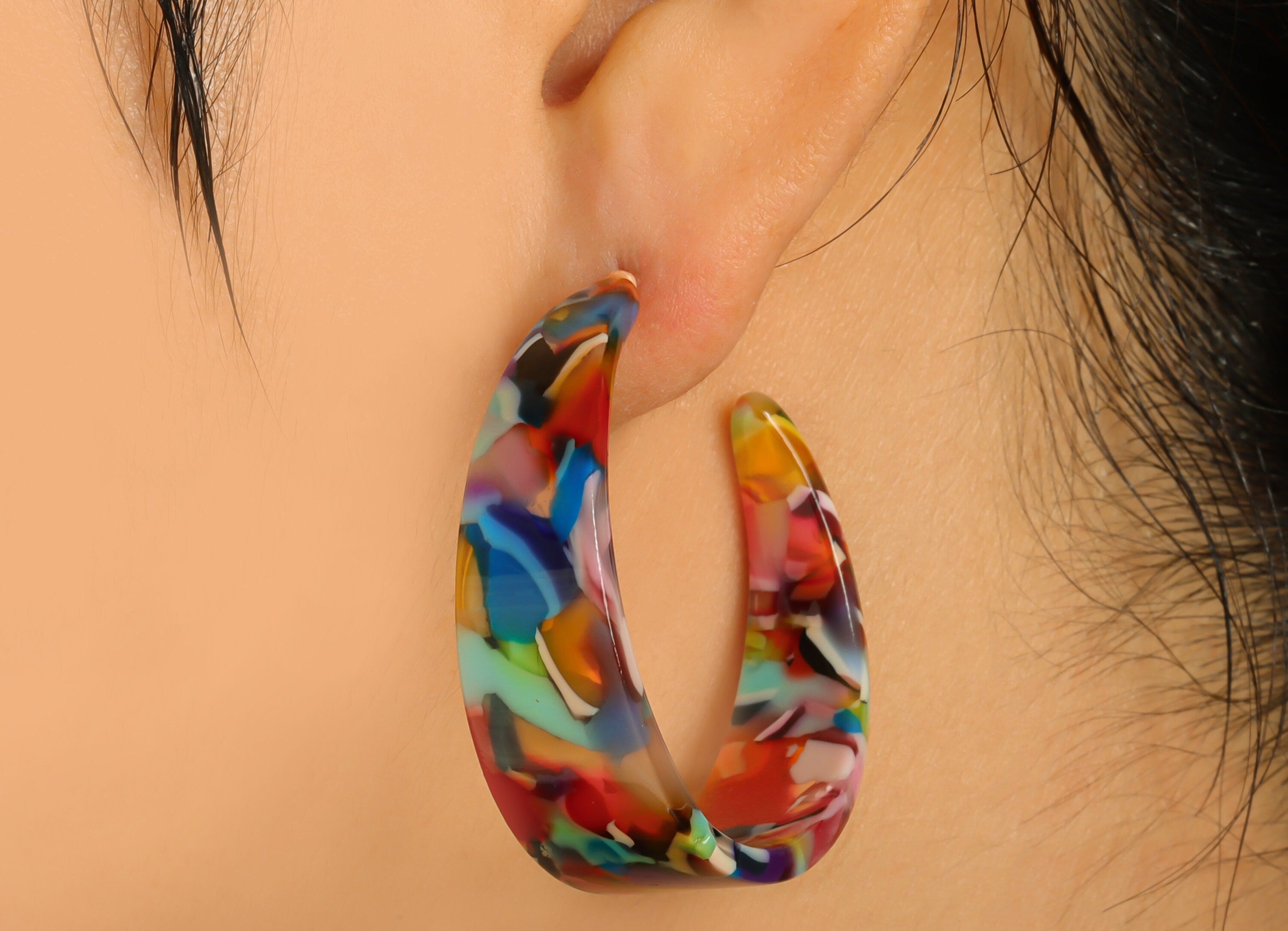 Acetate Hoop Earrings Stud -Acetate Wide Open Hoop Earring - Earring Post - Acetate Rainbow Stud - Color Code:21- 43x43x3mm - AC2616-A21 - DOMEDBAZAAR