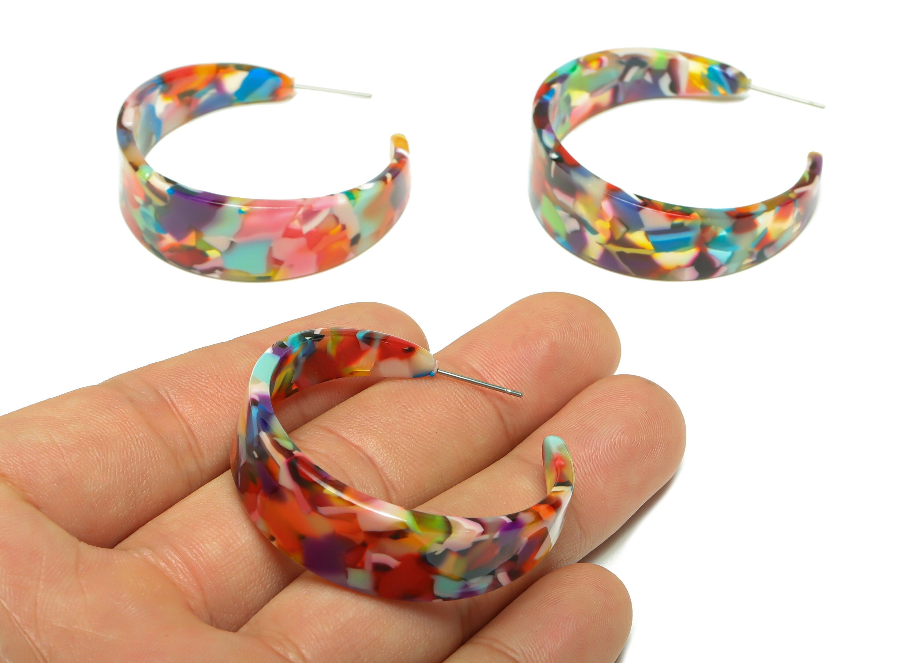 Acetate Hoop Earrings Stud -Acetate Wide Open Hoop Earring - Earring Post - Acetate Rainbow Stud - Color Code:21- 43x43x3mm - AC2616-A21 - DOMEDBAZAAR