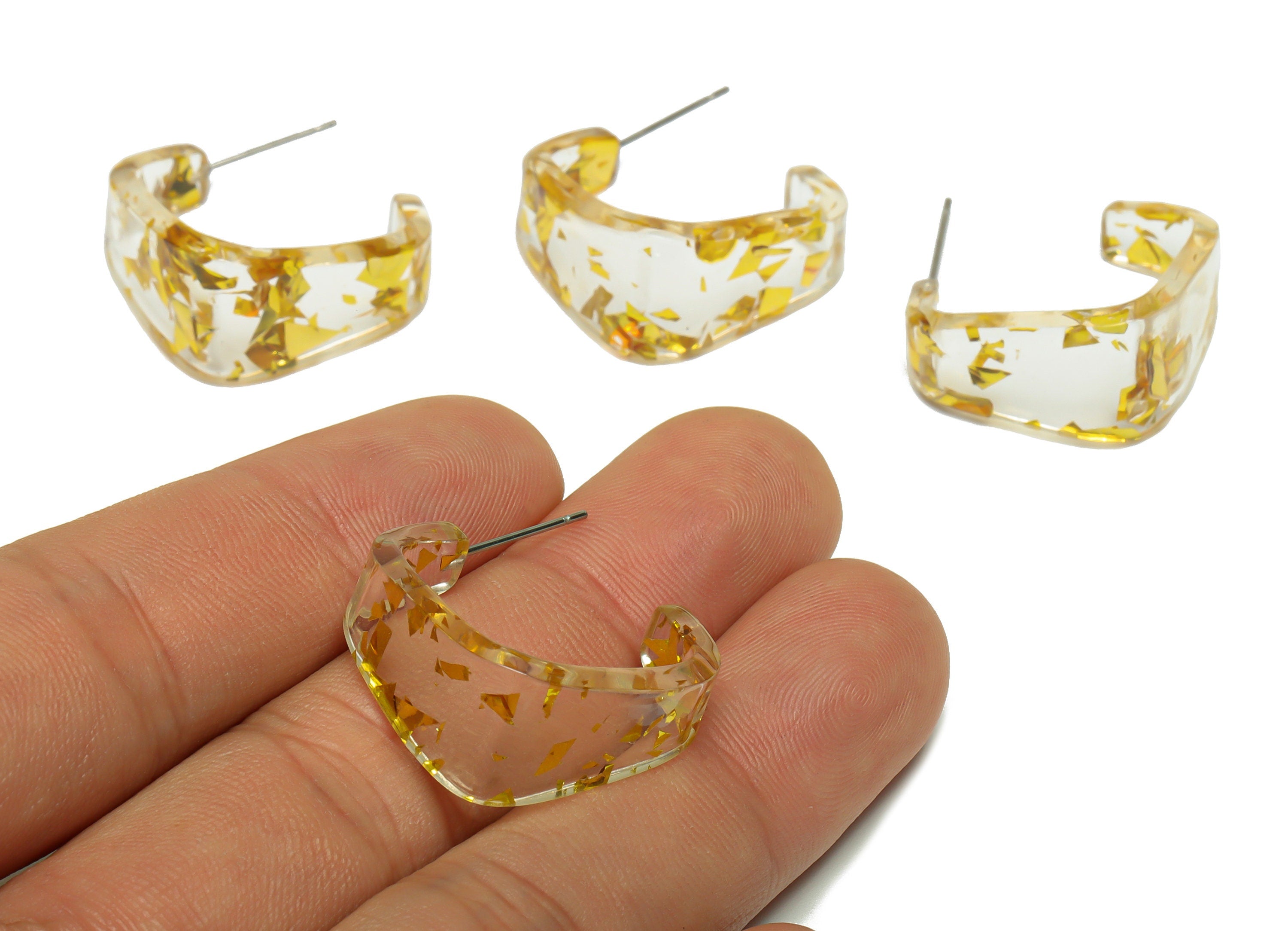 Acrylic Hoop Earrings Stud - Acrylic Wide Gold Foil & Confetti Earring - Square Earring Post - Color Code:978- 26x21x2.8mm - AC2617-A978 - DOMEDBAZAAR
