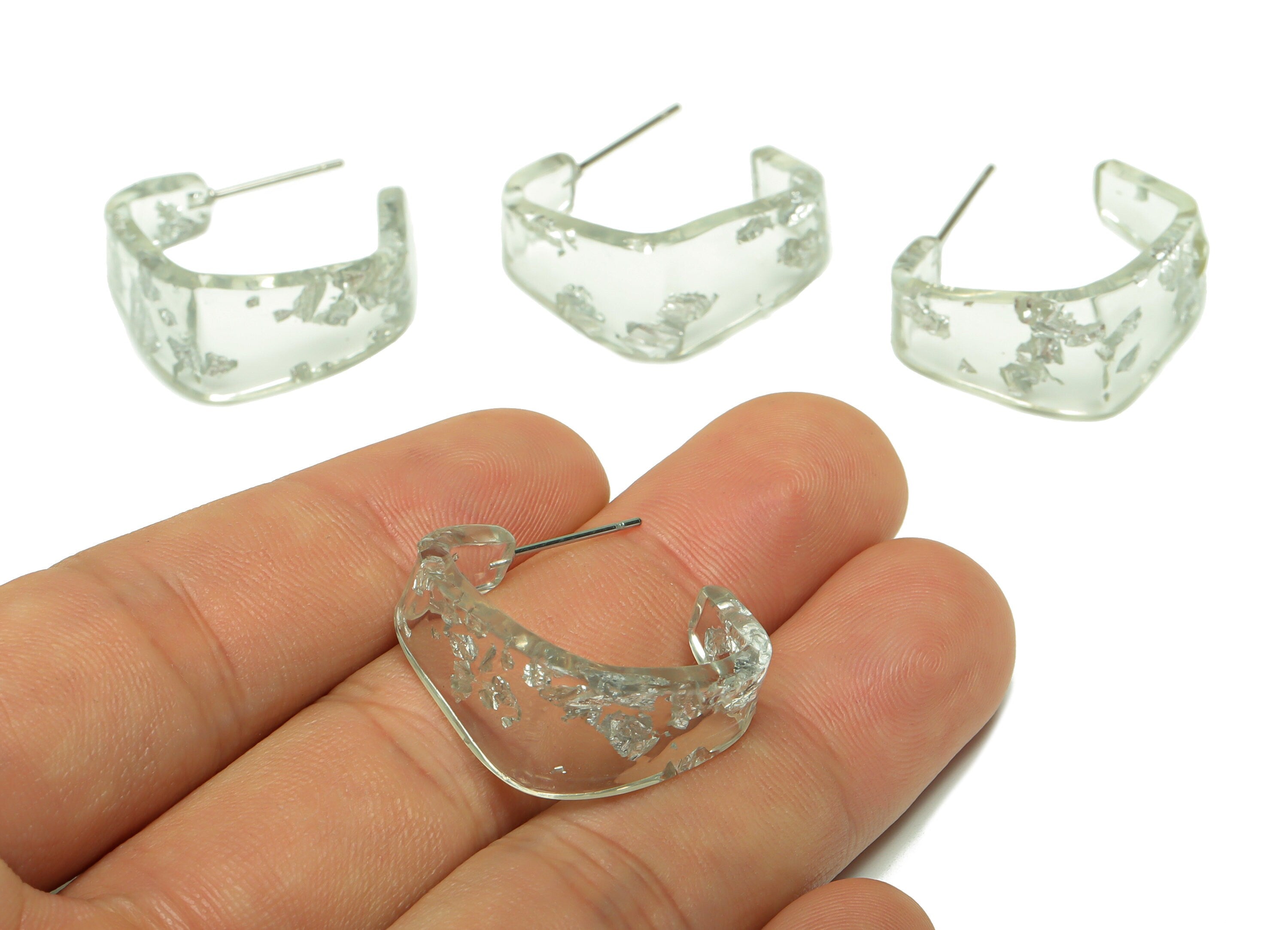 Acrylic Hoop Earrings Stud - Acrylic Wide Foil & Confetti Earring - Square Earring Post - Color Code:254- 26x21x2.8mm - AC2617-A254 - DOMEDBAZAAR