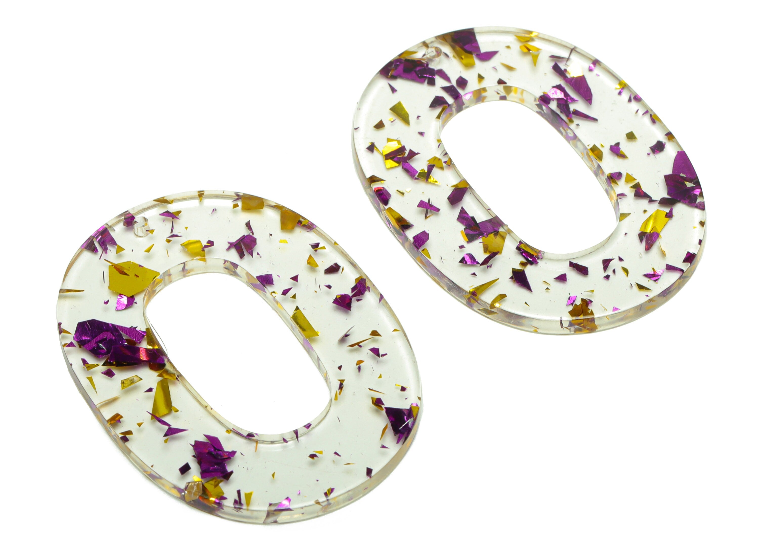 Acrylic Oval Charms - Earrings and Pendant - Purple Confetti Gold Foil Transparent Earring Charm - Color Code:A388 - 47x34x2mm - AC2618-A388 - DOMEDBAZAAR