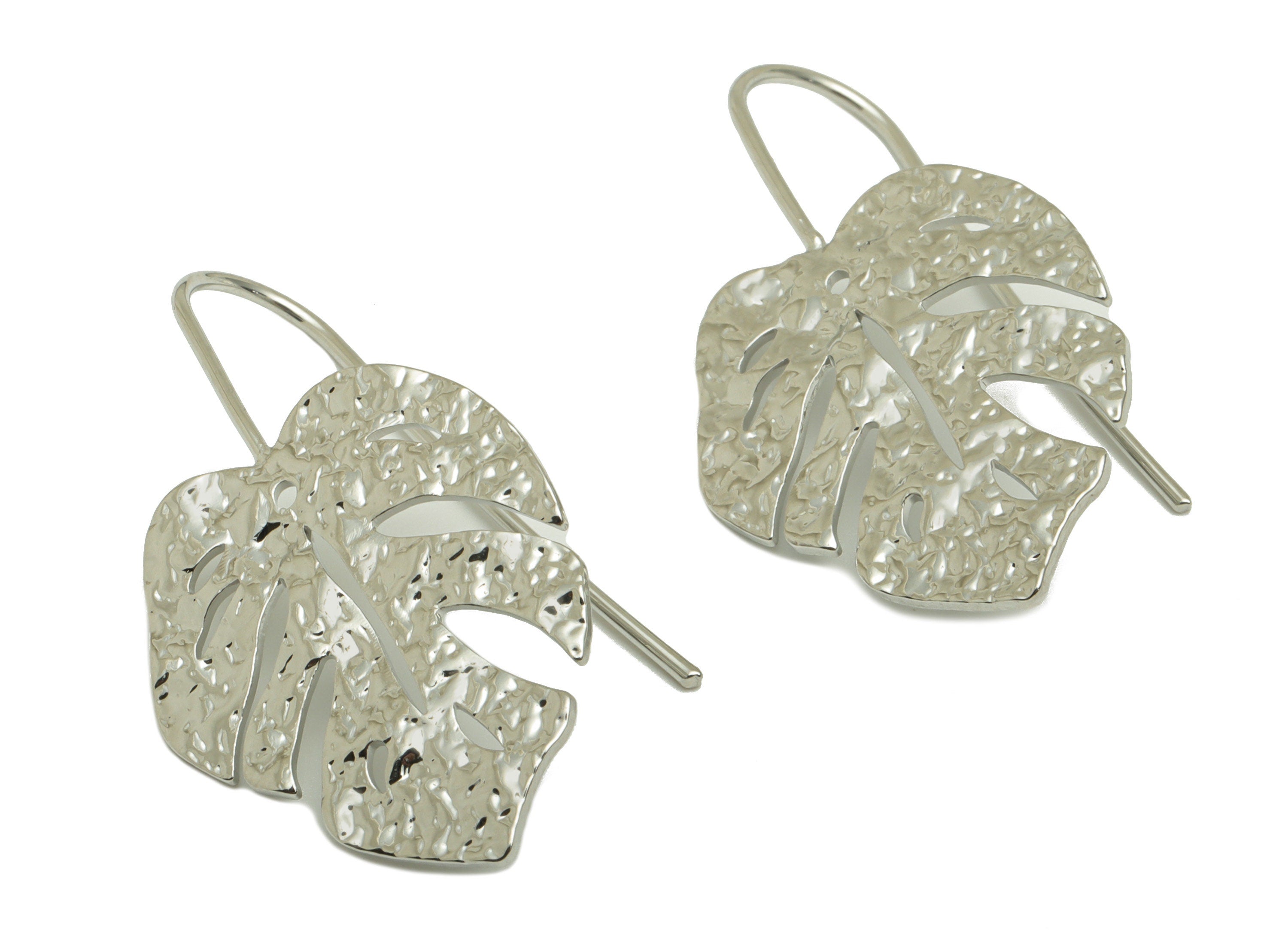 Brass Monstera Earring Wire - Hammered Leaf Earring Hook - Brass Botanical Ear Hooks - 18K Real White Gold - 38.17x20.88x1.45mm - RGP6720S - DOMEDBAZAAR
