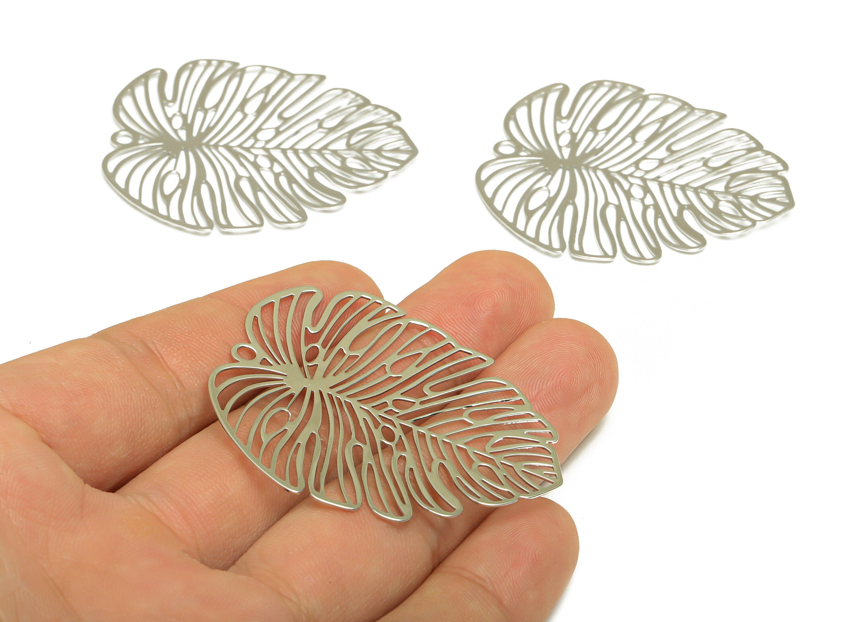 Brass Monstera Charms - Brass Monstera Earrings and Pendants - Earring Findings - Silver Tone Plating - 49x44.44x0.45mm - PP2040S - DOMEDBAZAAR