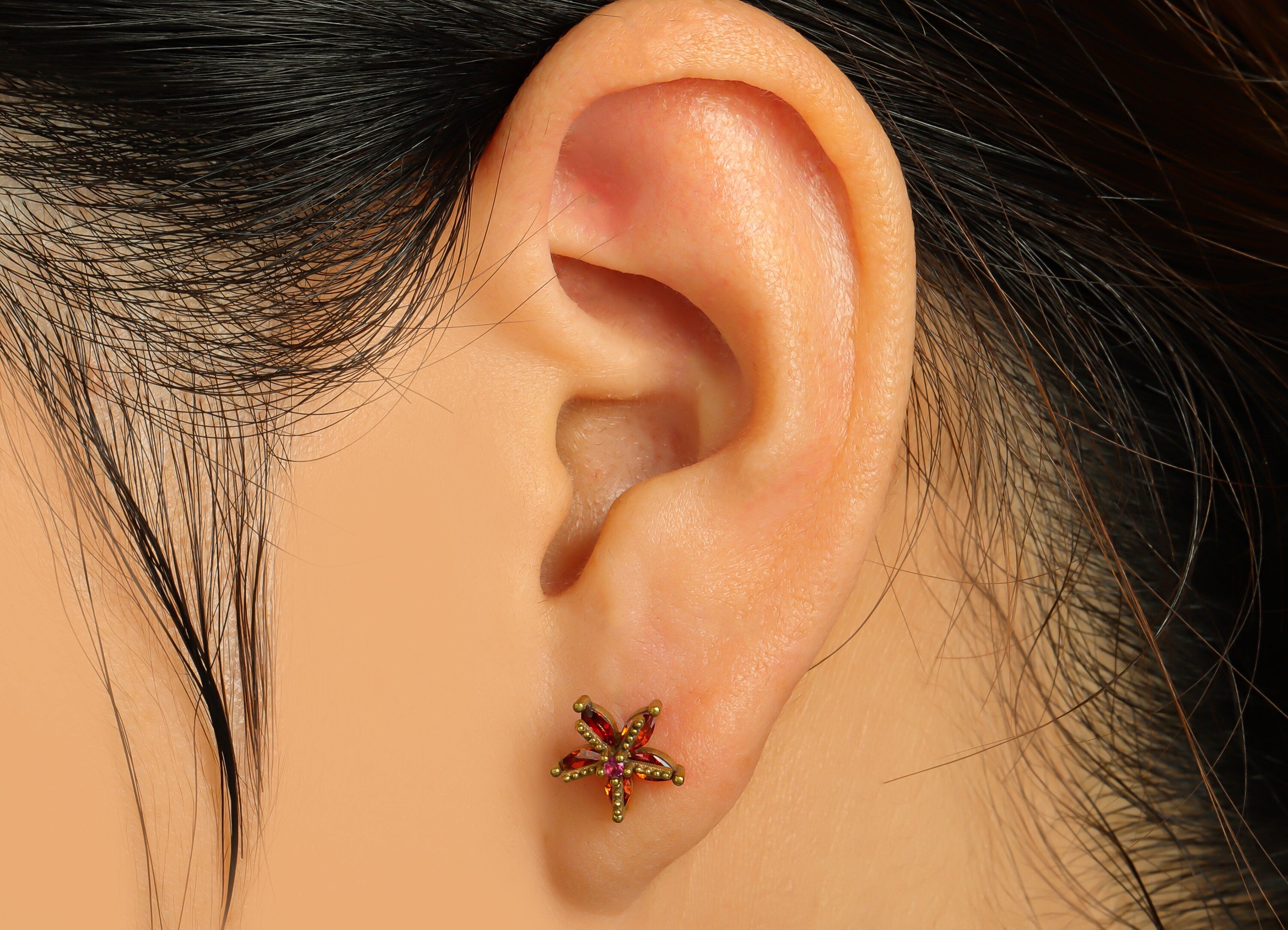 Brass Flower Earring Stud - Raw Brass Red Cubic Zirconia Earring Post - Brass Botanical Earring Post - 9.5x9.5x4.55mm - PP8626 - DOMEDBAZAAR