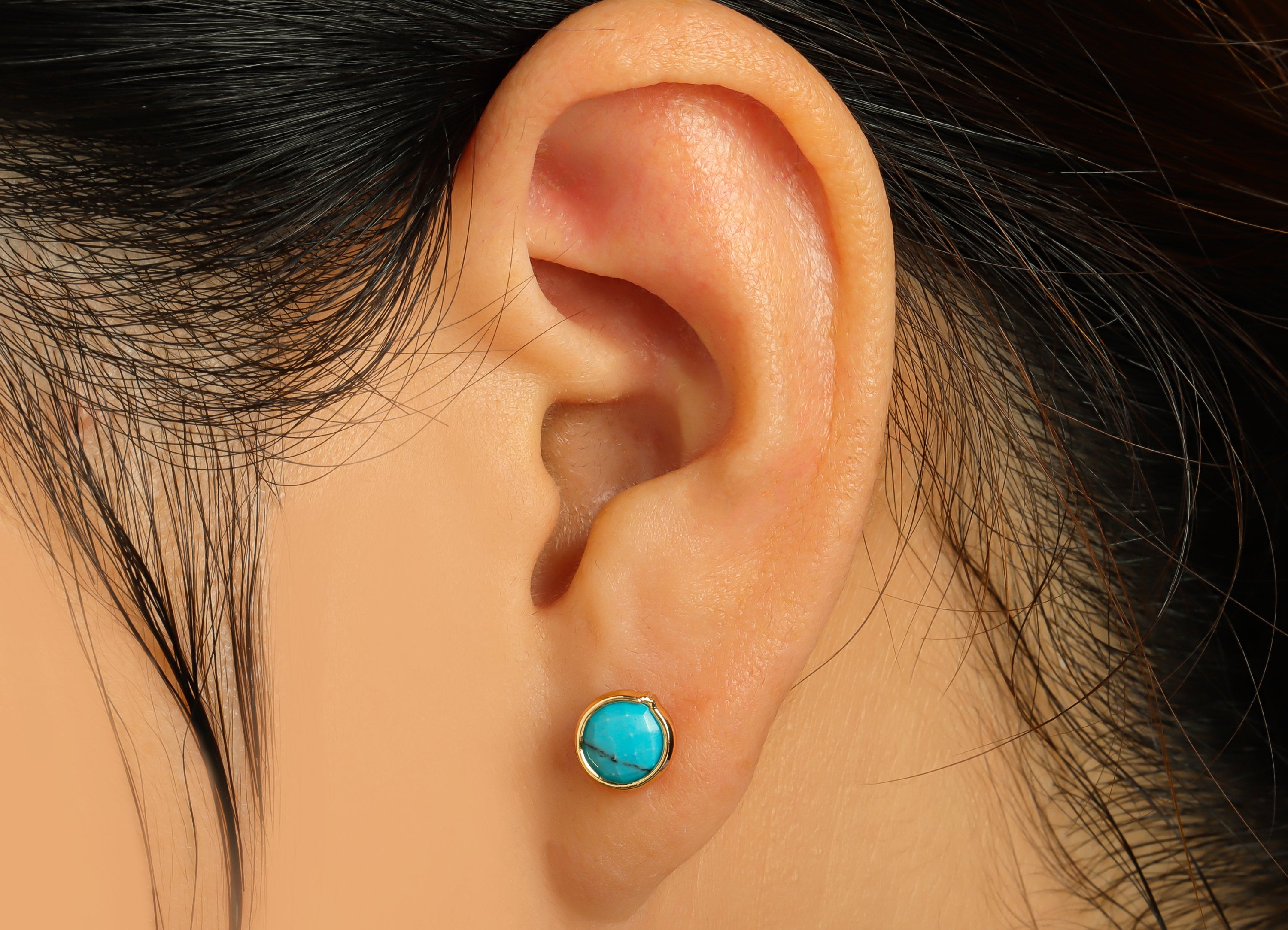 Blue Turquoise Stud Earrings - Gold Tone Plated Natural Stone Brass Post Earrings - Gold Tone Plated Brass -7.45x7.45x3.44mm- NS1907 - DOMEDBAZAAR