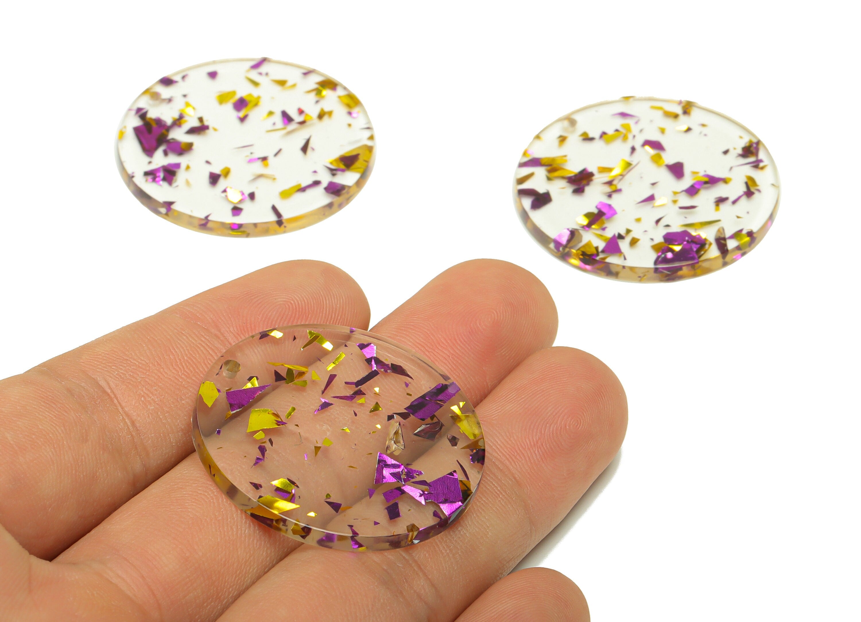 Acrylic Round Charms -Purple Confetti Gold Foil Transparent Earring Charm -Acrylic Circle Pendant Color Code: A388 - 35.12x35x2.7mm- AC1135 - DOMEDBAZAAR