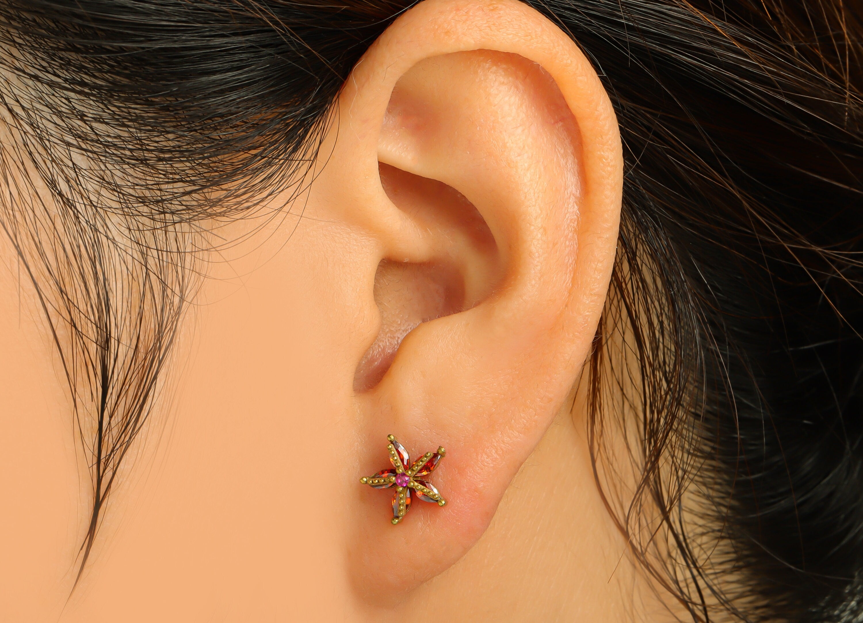 Brass Flower Earring Stud - Red Cubic Zirconia Earring Post - Brass Botanical Earring Post - 18K Real Gold Plated - 9.5x9.5x4.55mm - RGP6730 - DOMEDBAZAAR