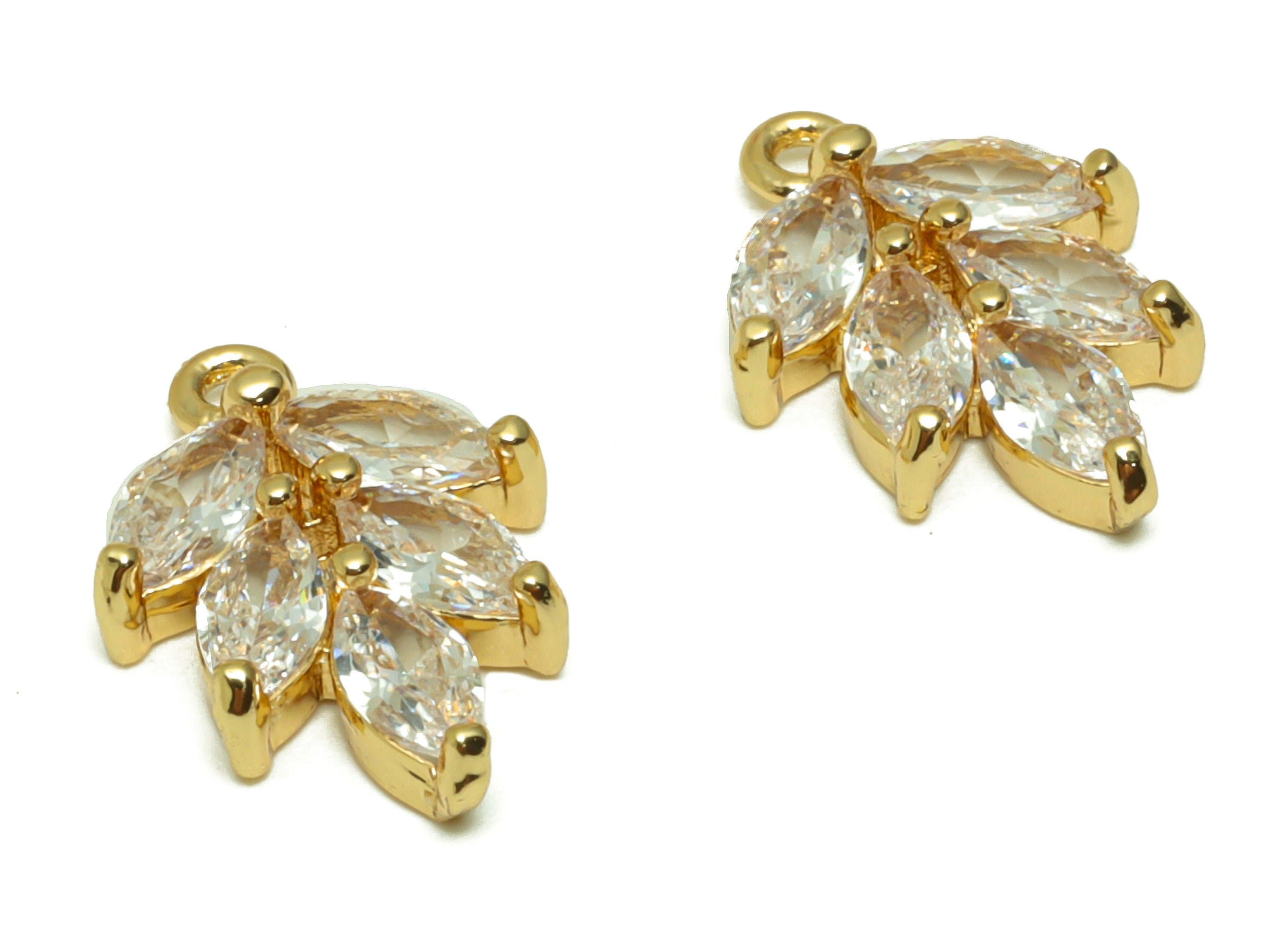 Brass Leaf Earring Charms - Brass Branch Pendant - Cubic Zirconia Botanical Earring Findings - 18K Real Gold Plated - 16x11x3.05mm - RGP6728 - DOMEDBAZAAR