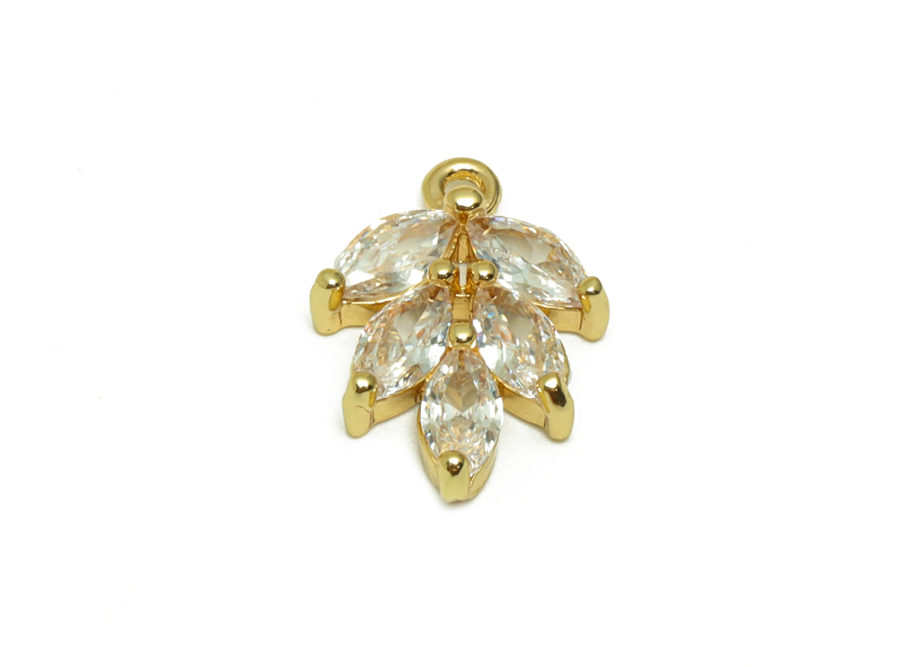 Brass Leaf Earring Charms - Brass Branch Pendant - Cubic Zirconia Botanical Earring Findings - 18K Real Gold Plated - 16x11x3.05mm - RGP6728 - DOMEDBAZAAR