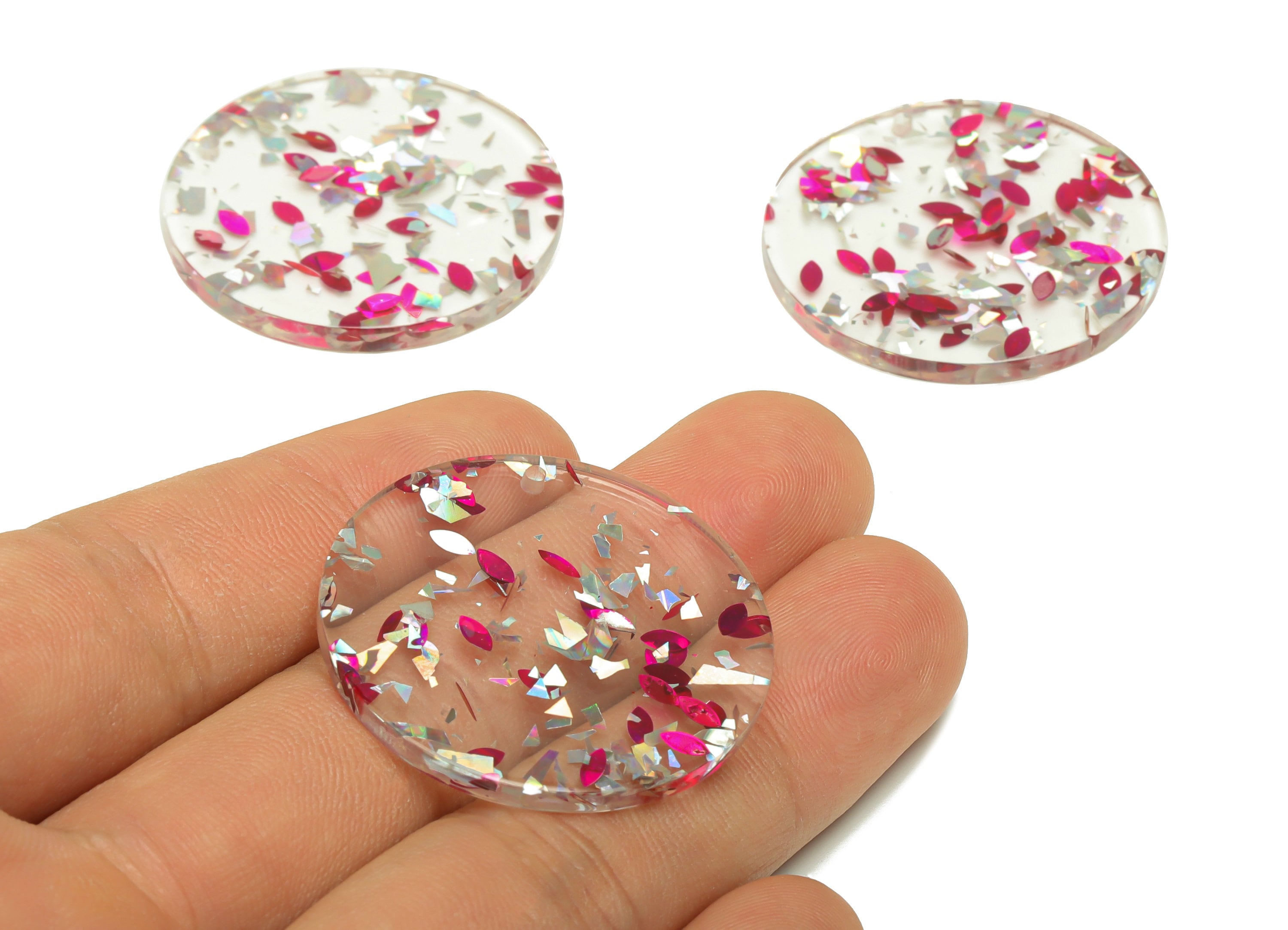 Acrylic Round Charms - Circle Earrings and Pendant - Pink Silver Foil & Confetti - Transparent Charm - Color Code:A438- 35x35x3mm -AC2621 - DOMEDBAZAAR