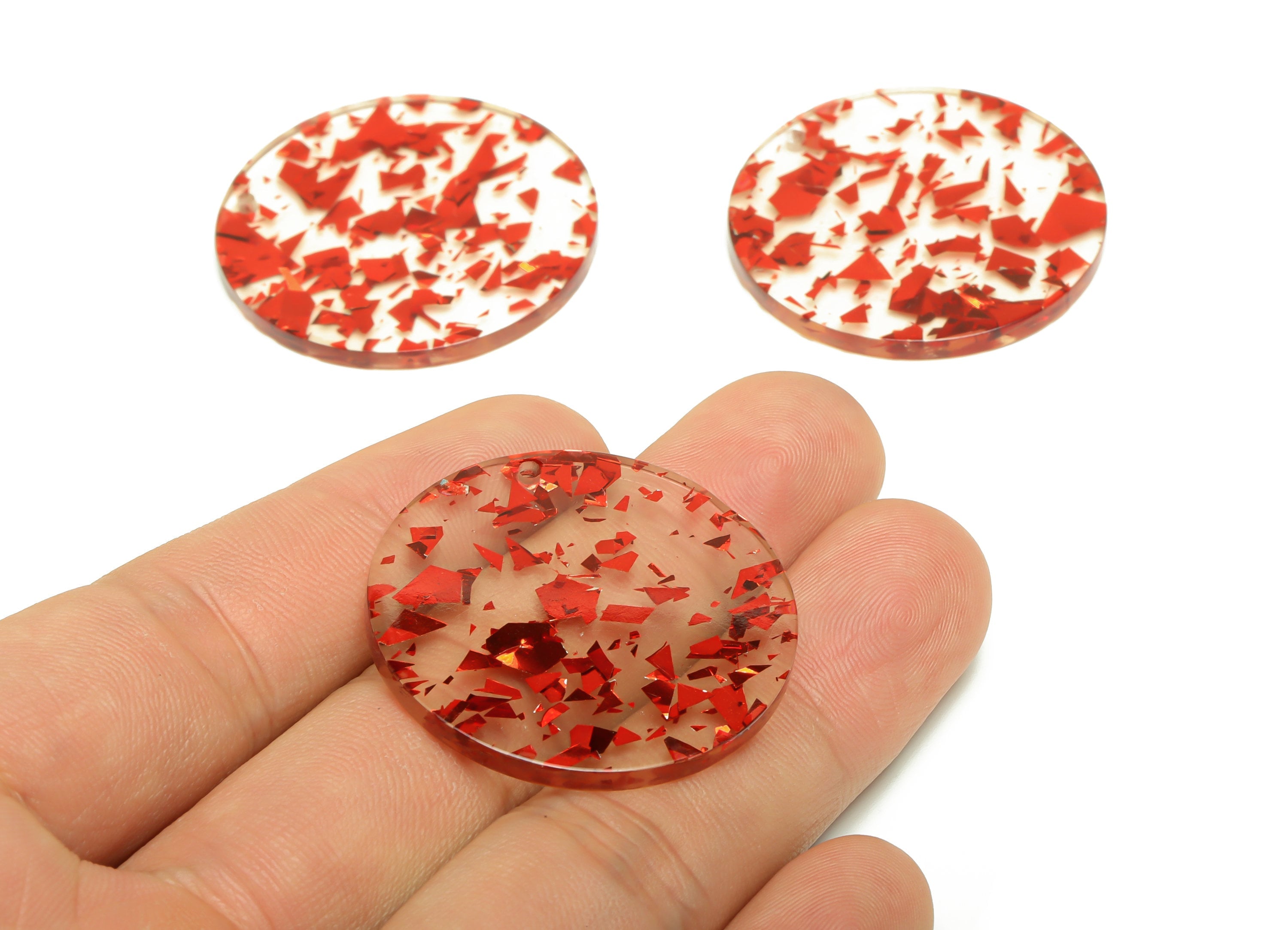 Acrylic Round Charms - Circle Earrings and Pendant - Red Foil & Confetti - Transparent Charm - Color Code:A990- 35x35x3mm -AC2621-A990 - DOMEDBAZAAR