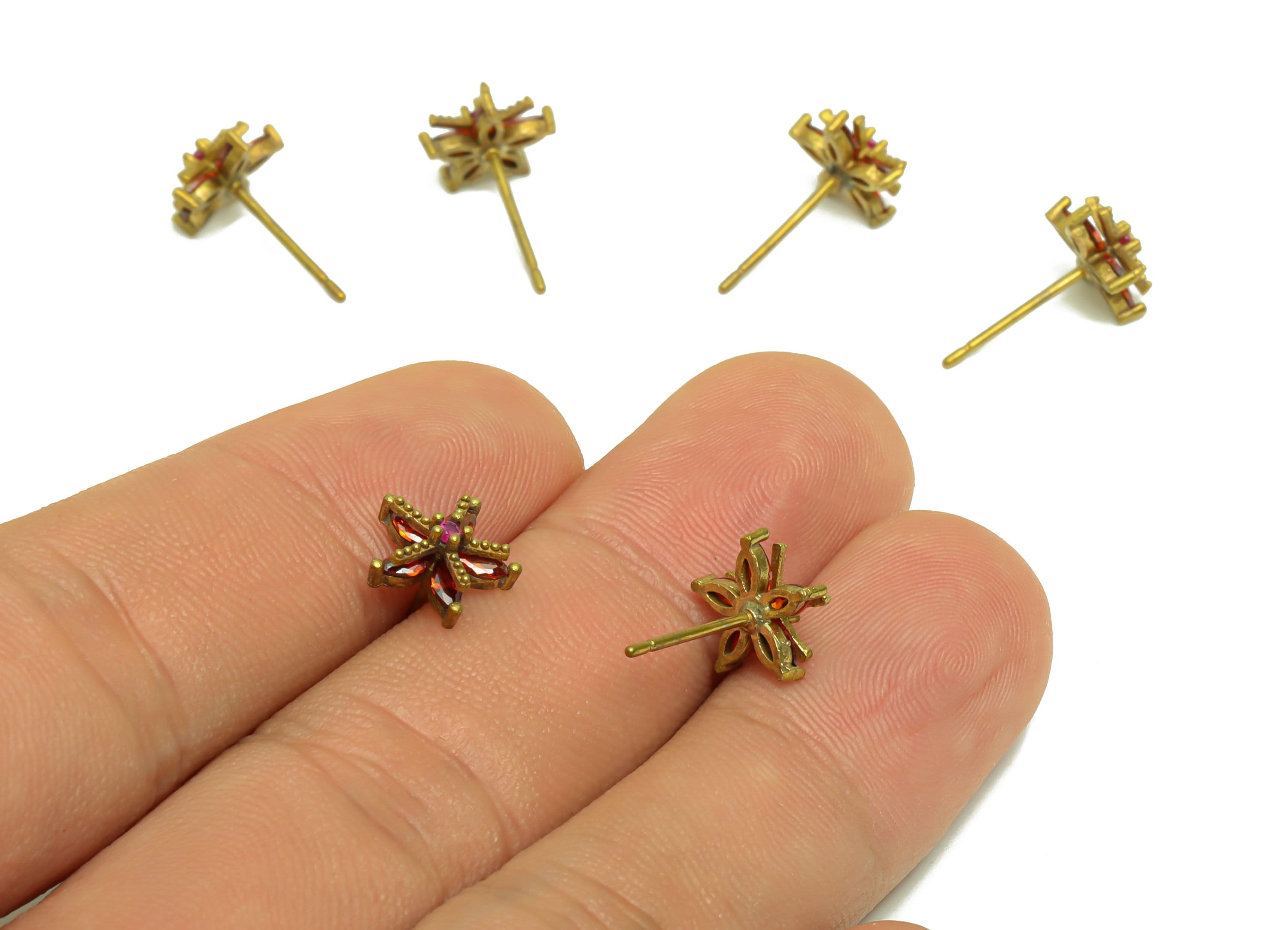 Brass Flower Earring Stud - Raw Brass Red Cubic Zirconia Earring Post - Brass Botanical Earring Post - 9.5x9.5x4.55mm - PP8626 - DOMEDBAZAAR