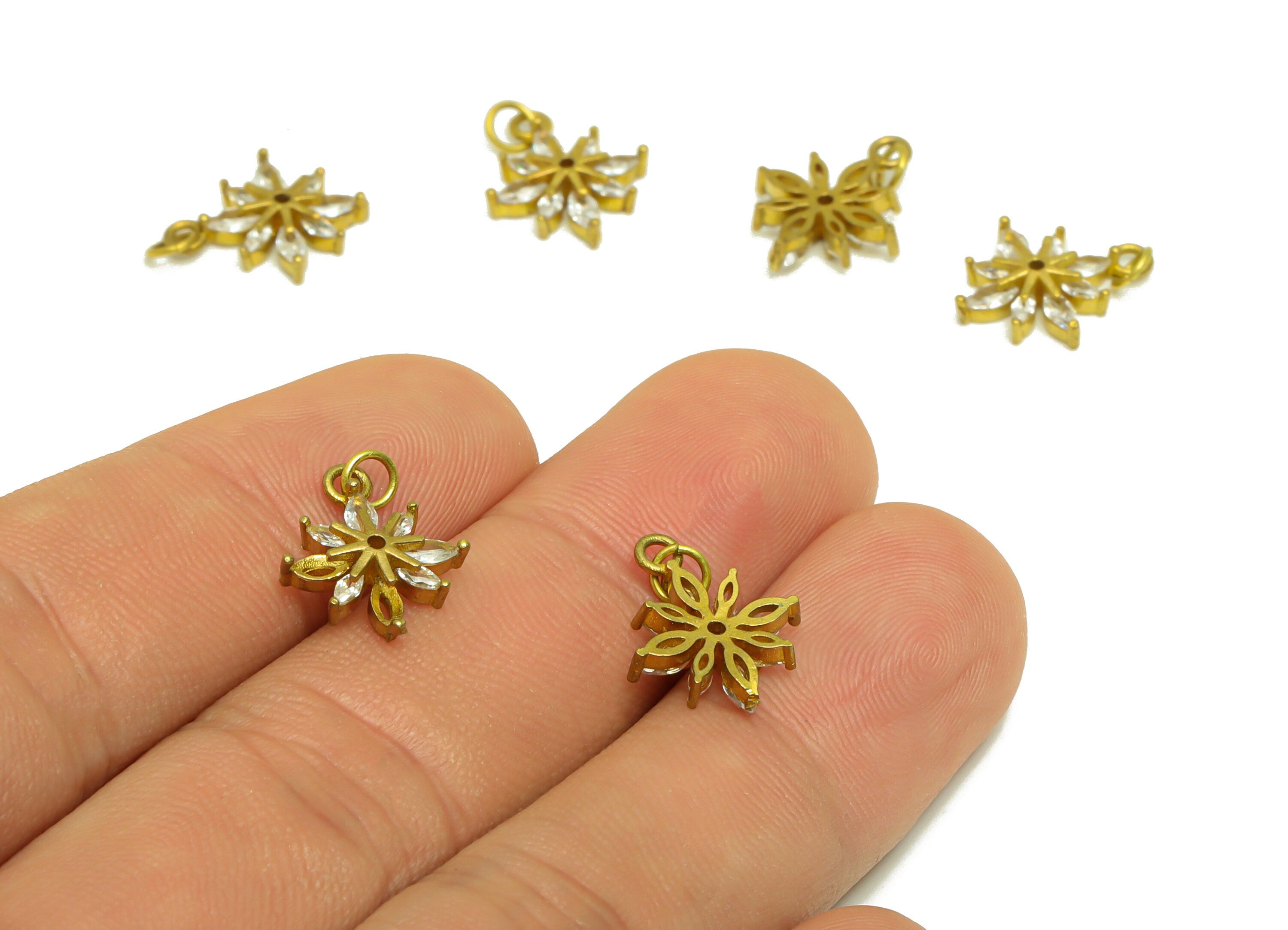 Brass Flower Earring Charm - Raw Brass Marquise CZ Pendant - Cubic Zirconia Botanical Earring Charm - 15x12x3mm - PP8627 - DOMEDBAZAAR