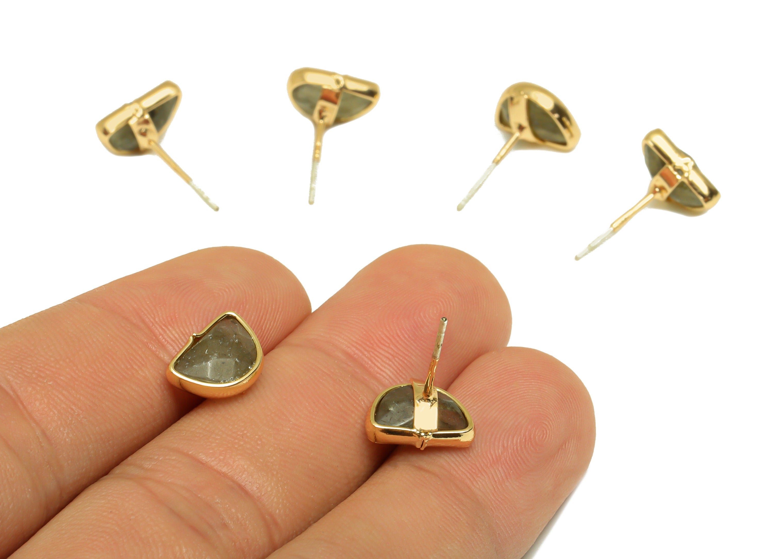Gray Labradorite Stud Earrings - Gold Tone Plated Natural Stone Brass Post Earrings - Gold Tone Plated Brass -10.9x 7.92 x 5.23mm- NS1908 - DOMEDBAZAAR