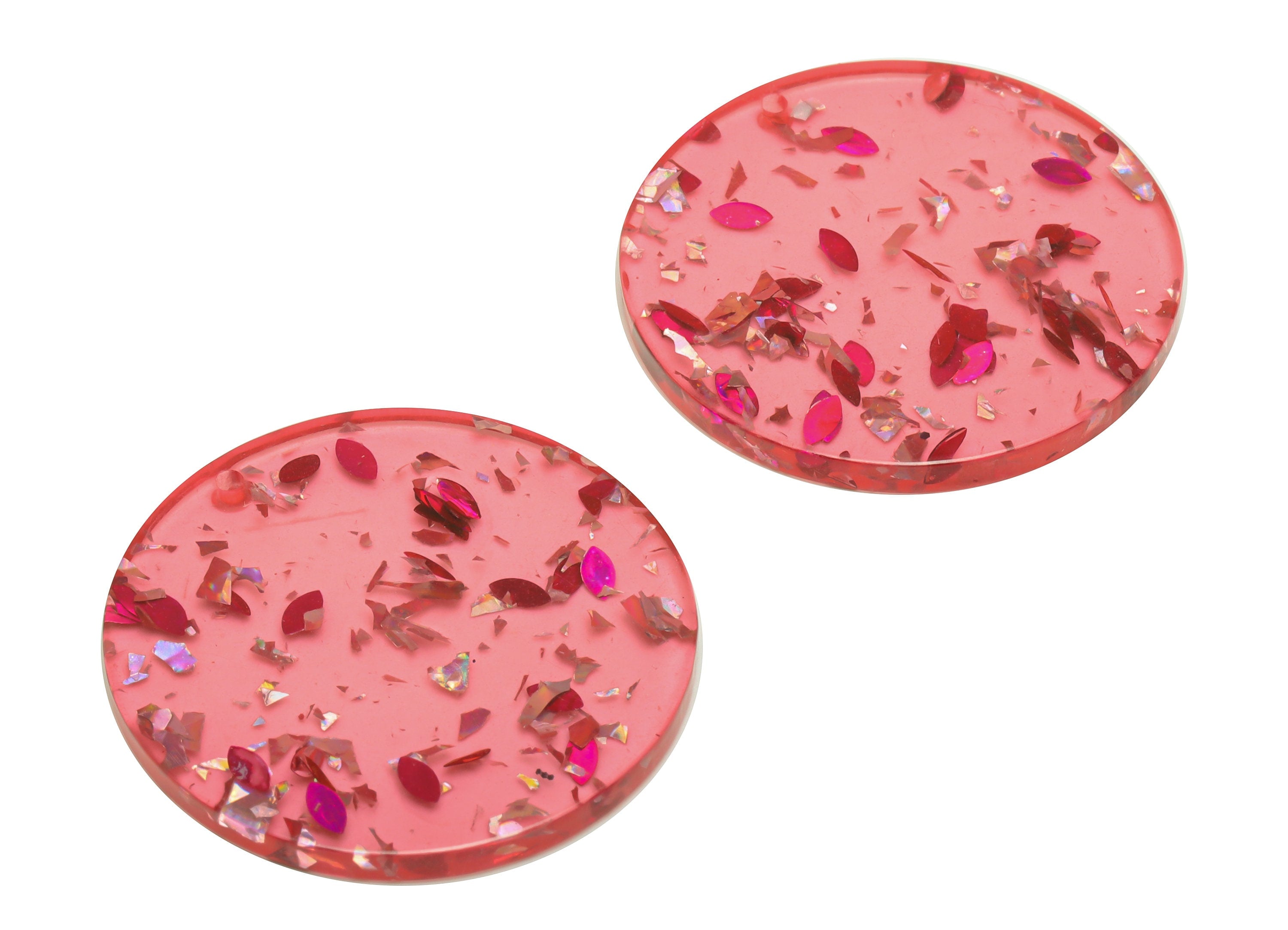 Acrylic Round Charms - Circle Earrings and Pendant - Red Silver Foil & Confetti - Jewelry Supplies - Color Code:A437- 35x35x3mm -AC2621-A437 - DOMEDBAZAAR