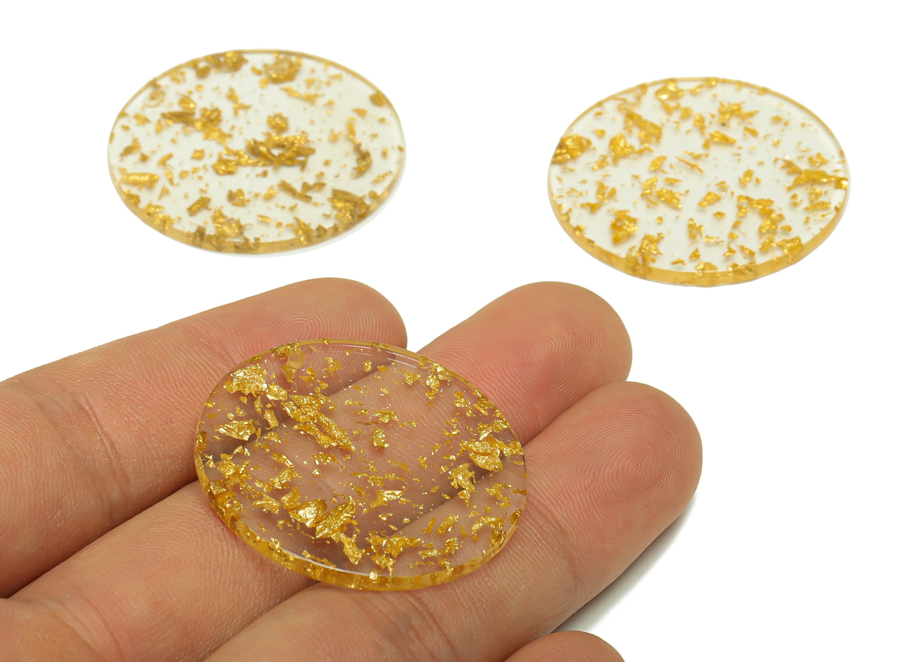 Acrylic Round Charms - Circle Earrings and Pendant - Gold Foil & Confetti - Transparent Charm - Color Code:A587- 35x35x3mm -AC2621-A587 - DOMEDBAZAAR