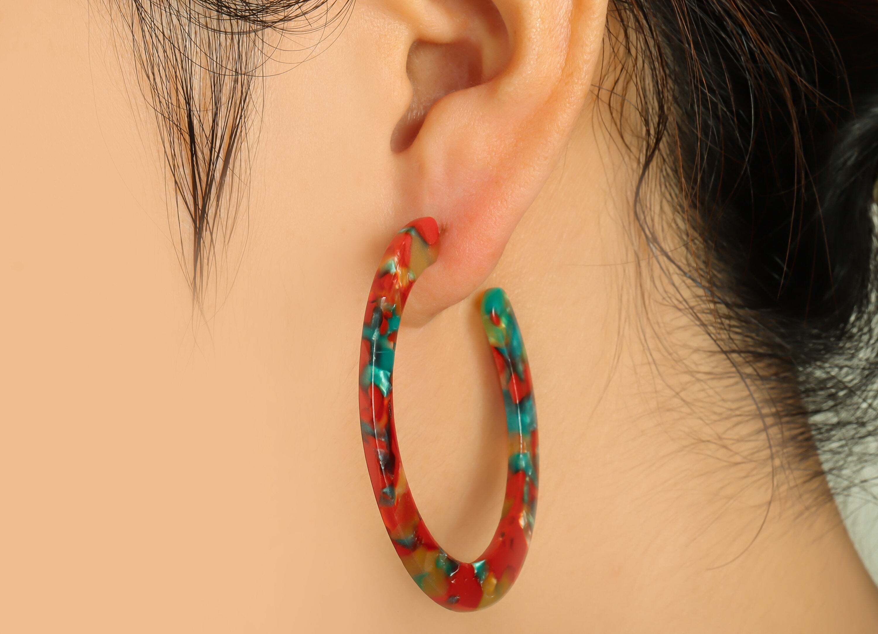 Acetic Acid Hoop Earrings Stud - Open Hoop Earring - Rainbow Round Earring Post - Open Circle - Color Code: A46 - 52x50x2.5mm - AC1830-A46 - DOMEDBAZAAR
