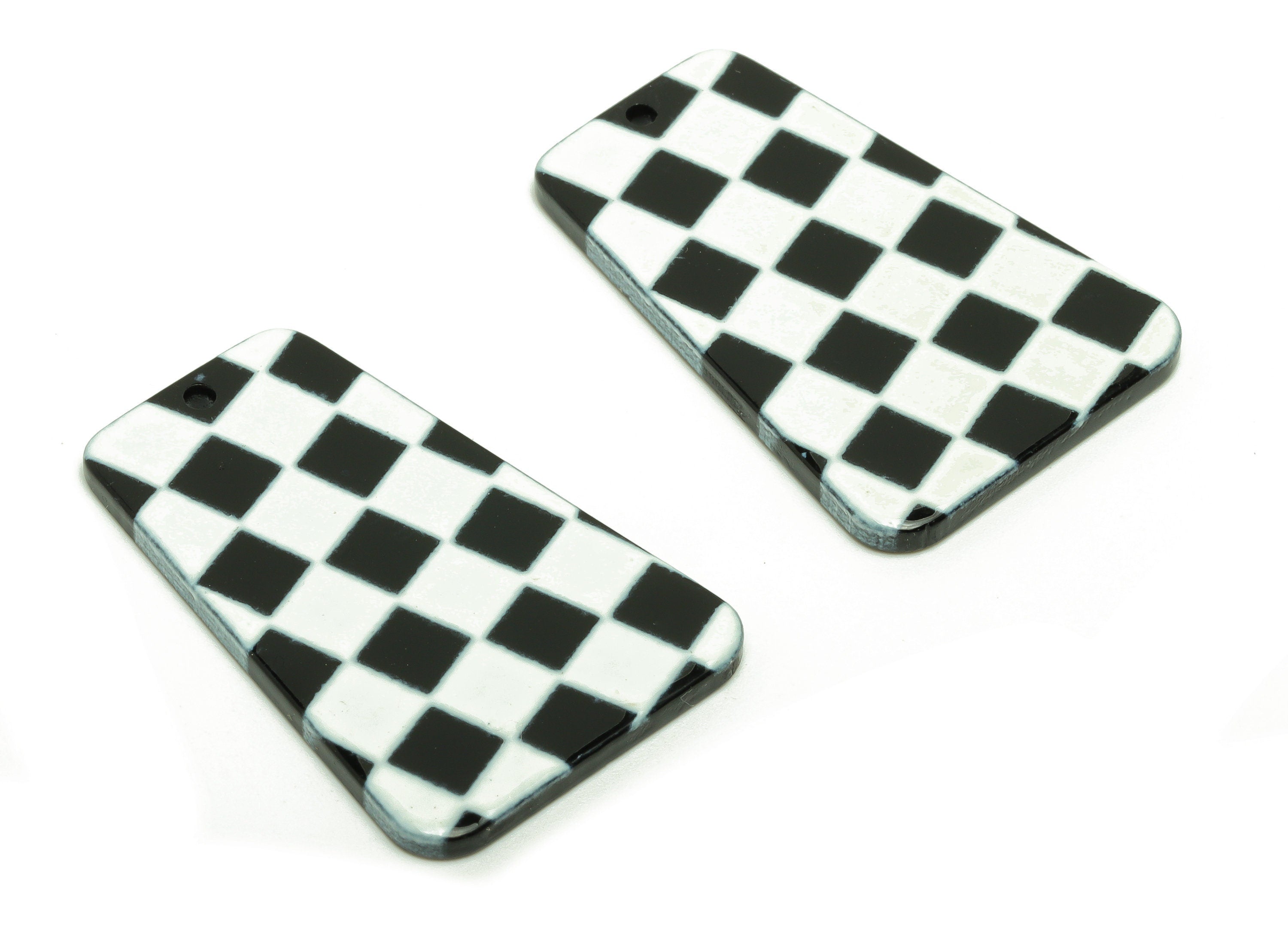 Acrylic Trapezoid Earrings Charm - Checkerboard Pendant Charms -Black White Checkered Pendant - 38.2×25.83×2.3mm - AC2499A - DOMEDBAZAAR