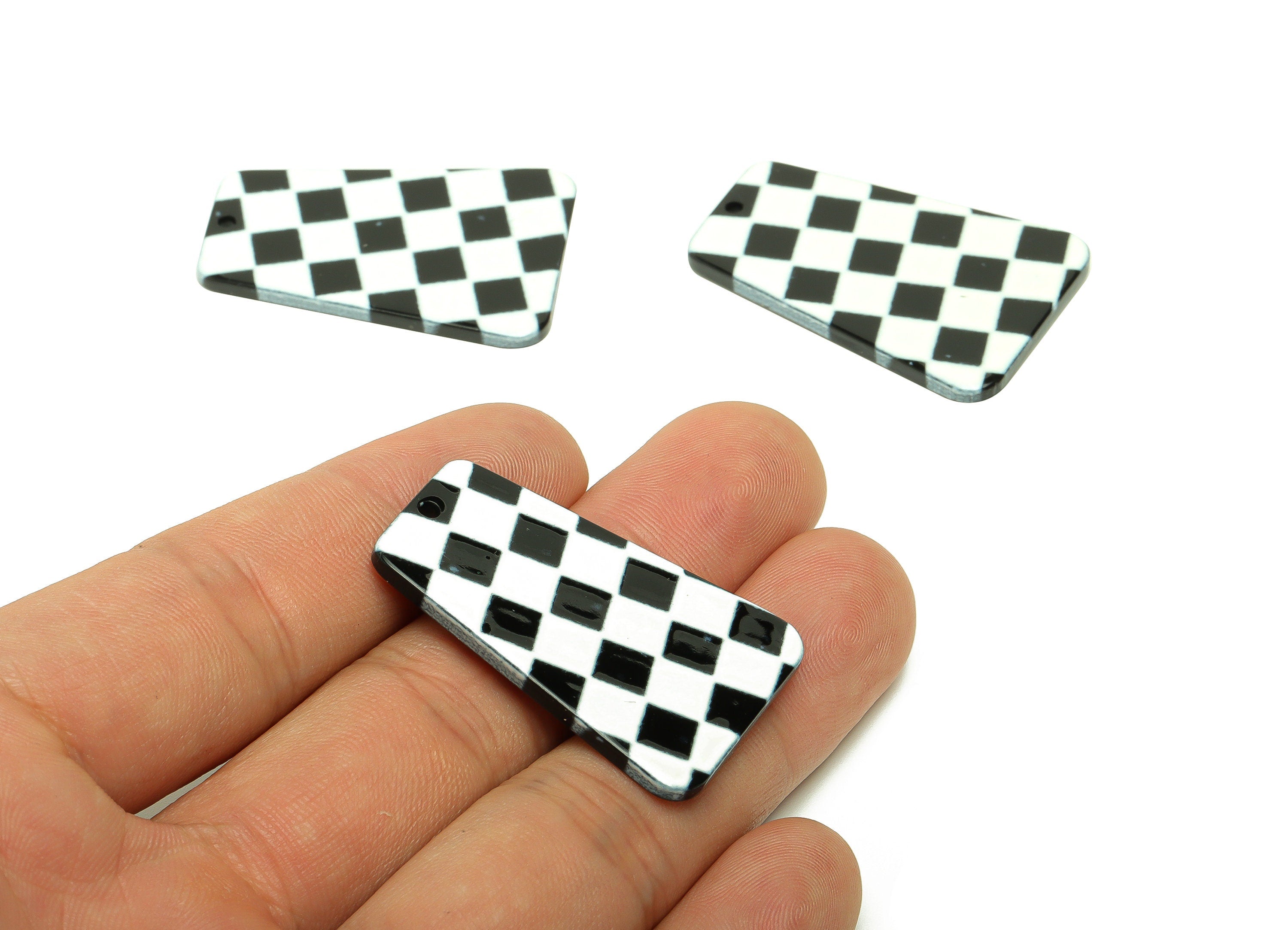 Acrylic Trapezoid Earrings Charm - Checkerboard Pendant Charms -Black White Checkered Pendant - 38.2×25.83×2.3mm - AC2499A - DOMEDBAZAAR