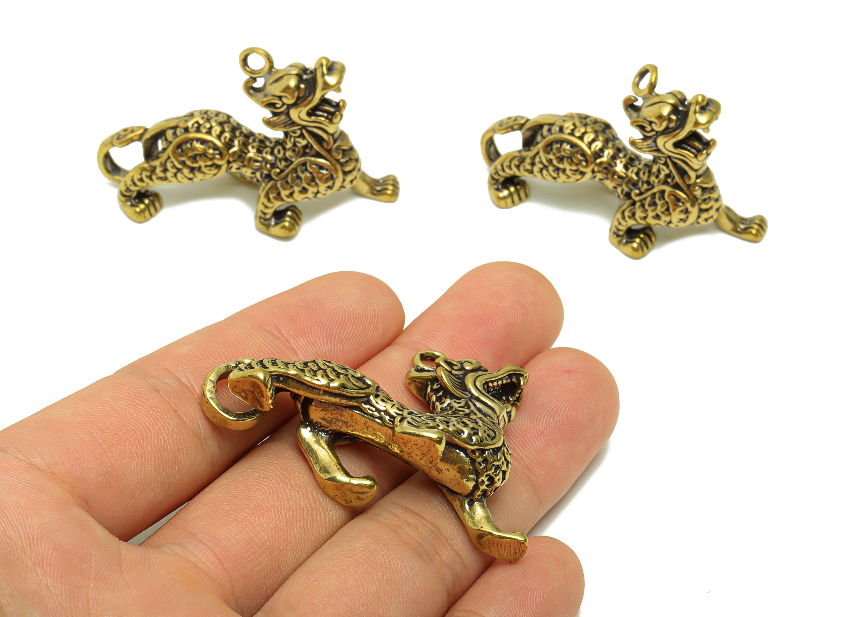 Brass Kirin Charm - Raw Brass Kirin Earring Charm -Antique Looking Pendant - Brass Kirin Figure - Dragon Pendant - 46x34x12mm - PP8773 - DOMEDBAZAAR