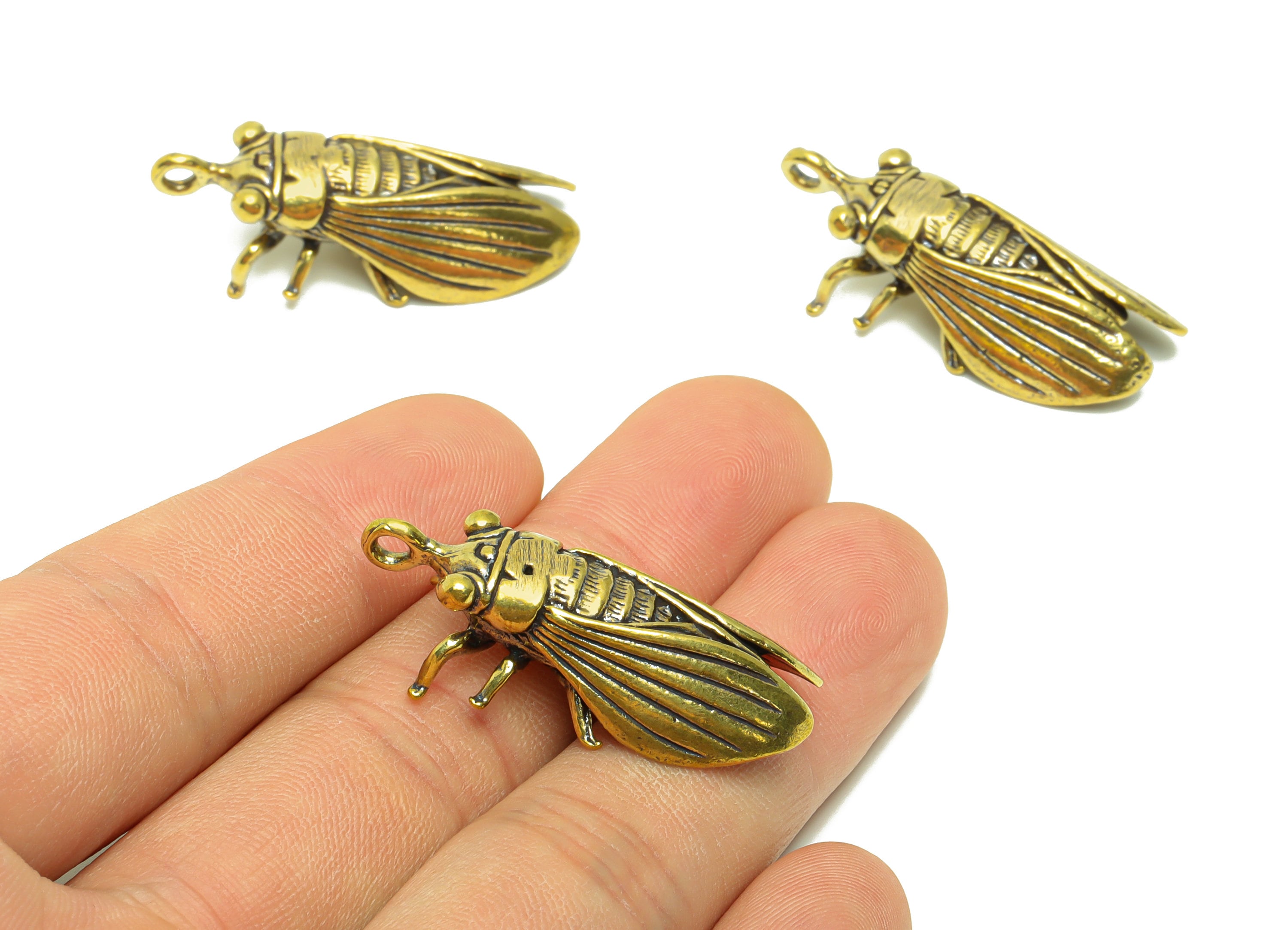 Brass Cicada Charm - Raw Brass Vintage Style Earring Charms - Antique Looking Pendant - Cicada Figure - 37.37x 15.93x 9.67mm - PP8775 - DOMEDBAZAAR