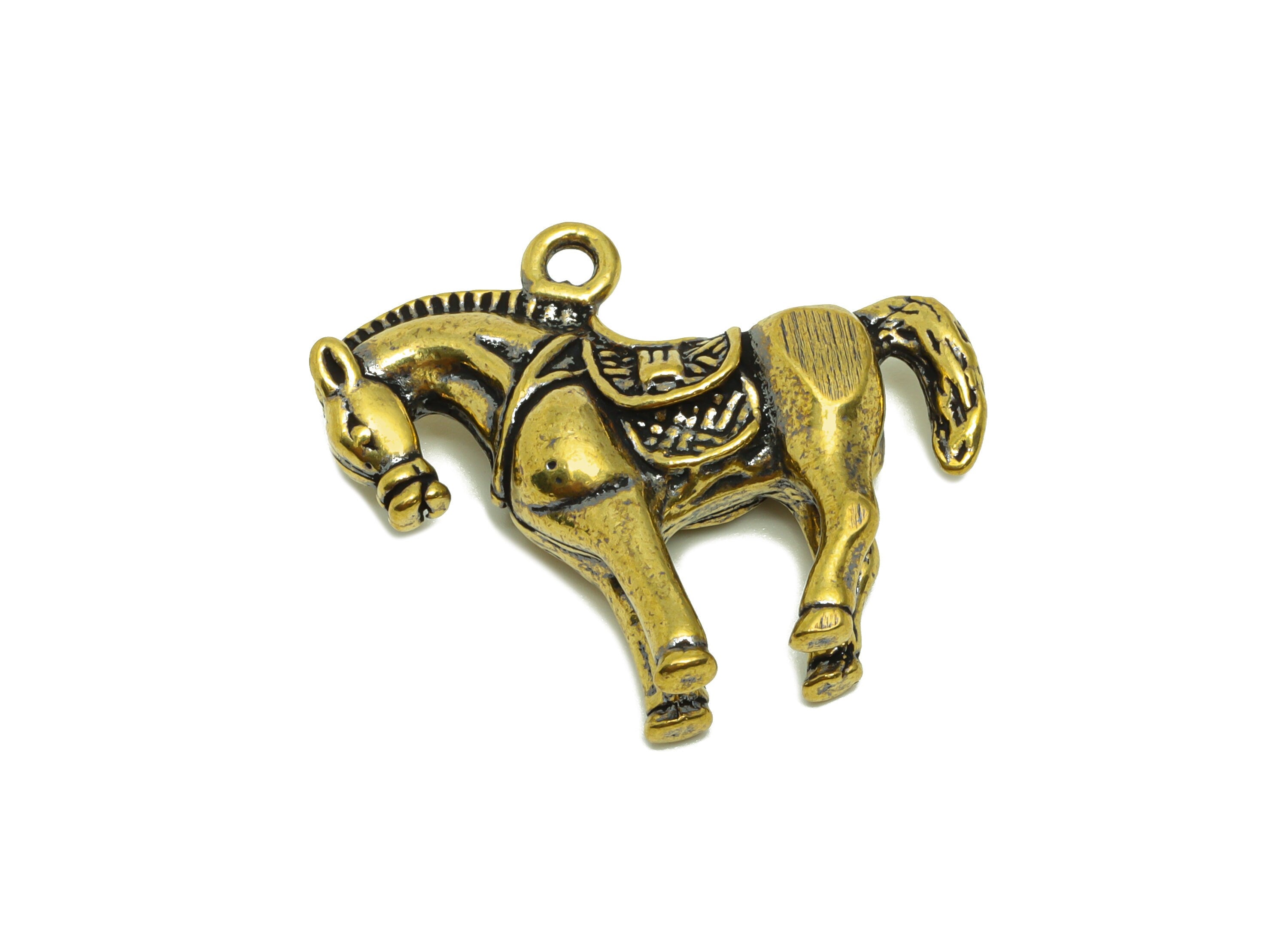 Brass Horse Charm - Raw Brass Horse Earring Charms - Antique Looking Pendant - Chollima Figure - Vintage Style - 34.18x29.52x8.12mm - PP8733 - DOMEDBAZAAR