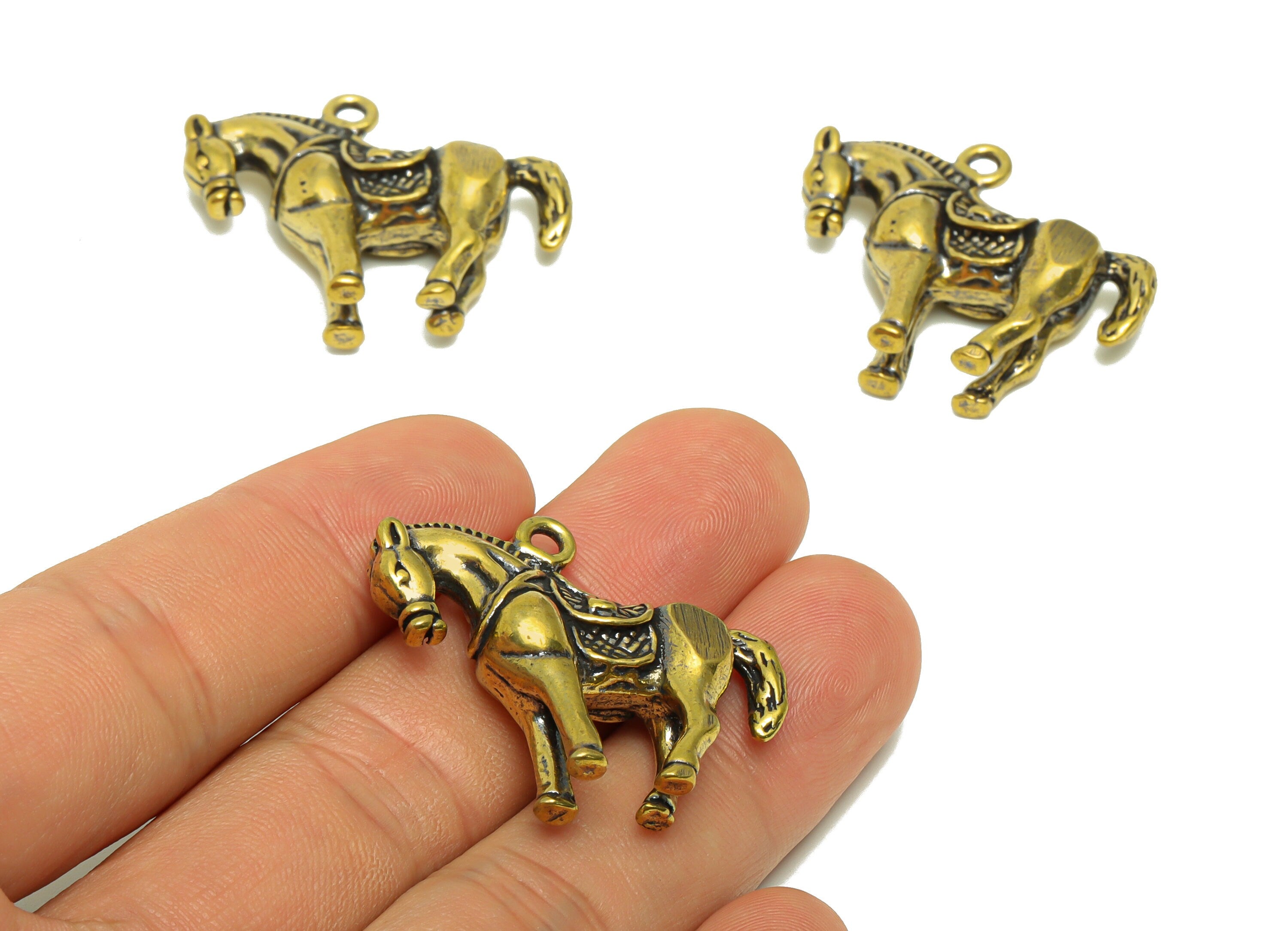 Brass Horse Charm - Raw Brass Horse Earring Charms - Antique Looking Pendant - Chollima Figure - Vintage Style - 34.18x29.52x8.12mm - PP8733 - DOMEDBAZAAR