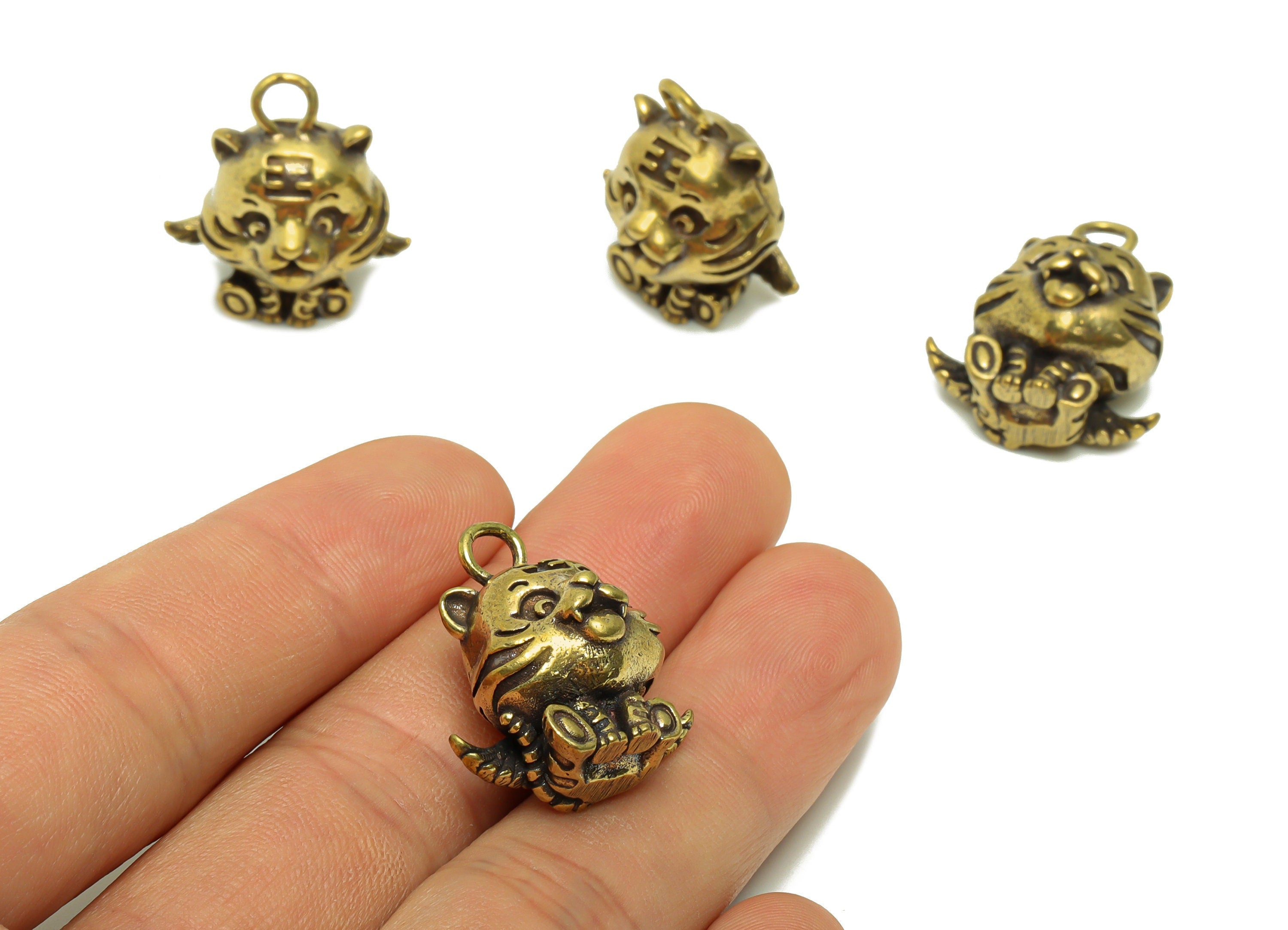 Brass Tiger Charm - Raw Brass Tiger Earring Charms - Antique Looking Pendant - Wings Tiger Figure - Baby Tiger Pendant - 24x22x15mm - PP8759 - DOMEDBAZAAR